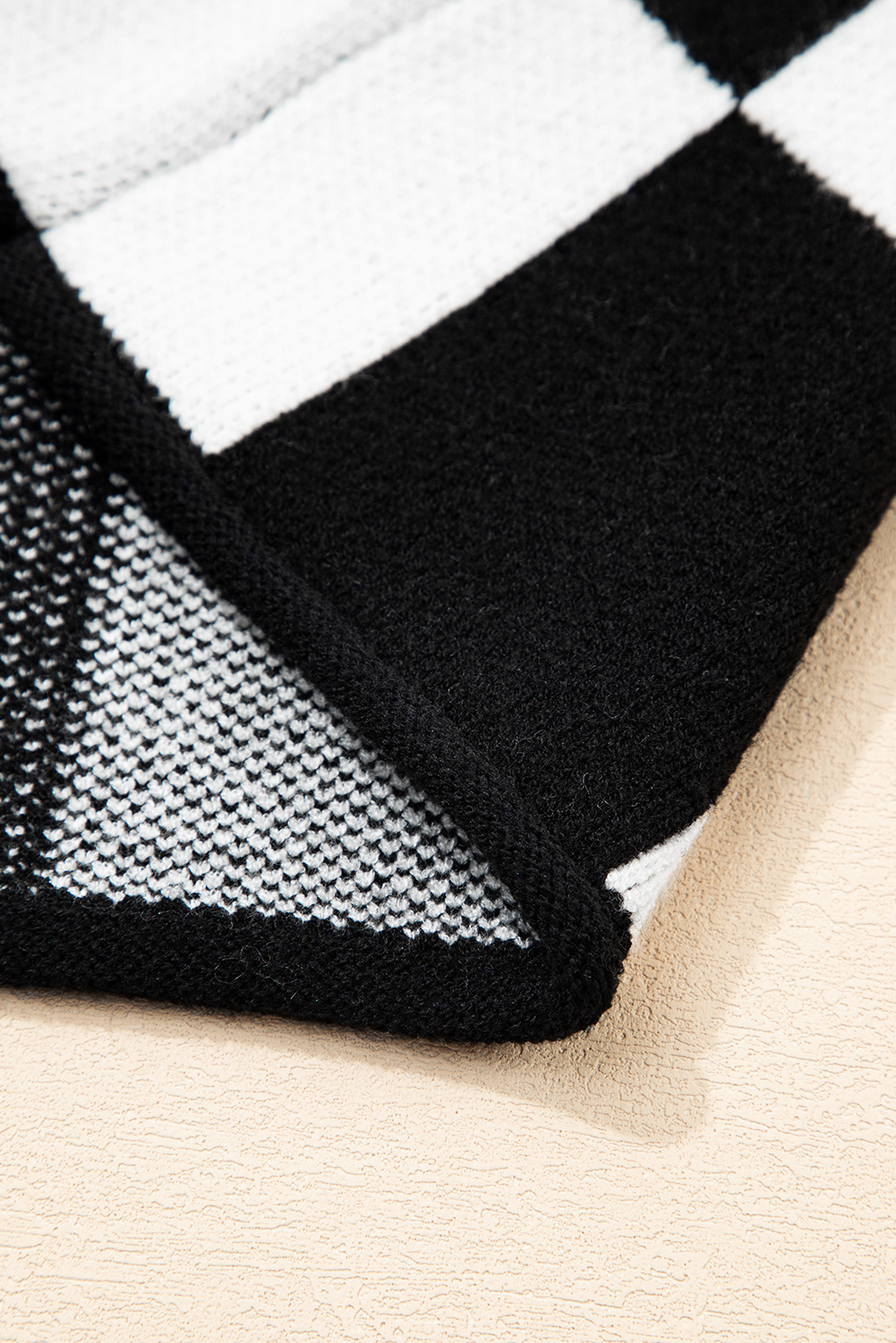 Black Checked Notched Neckline Drop Shoulder Knit Sweater - loveforevers
