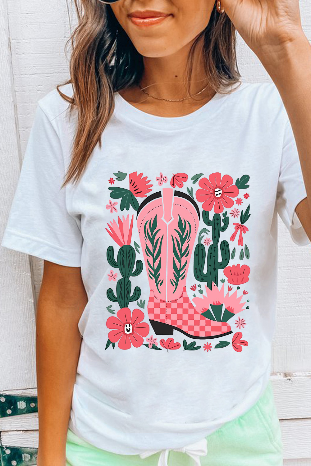 White Western Boots Flower Print Round Neck T Shirt - loveforevers