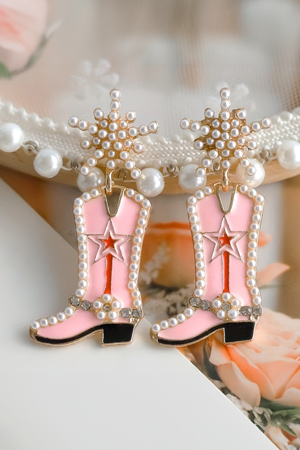 Strawberry Pink Pearl Decor Boots Shape Dangle Stud Earrings - loveforevers