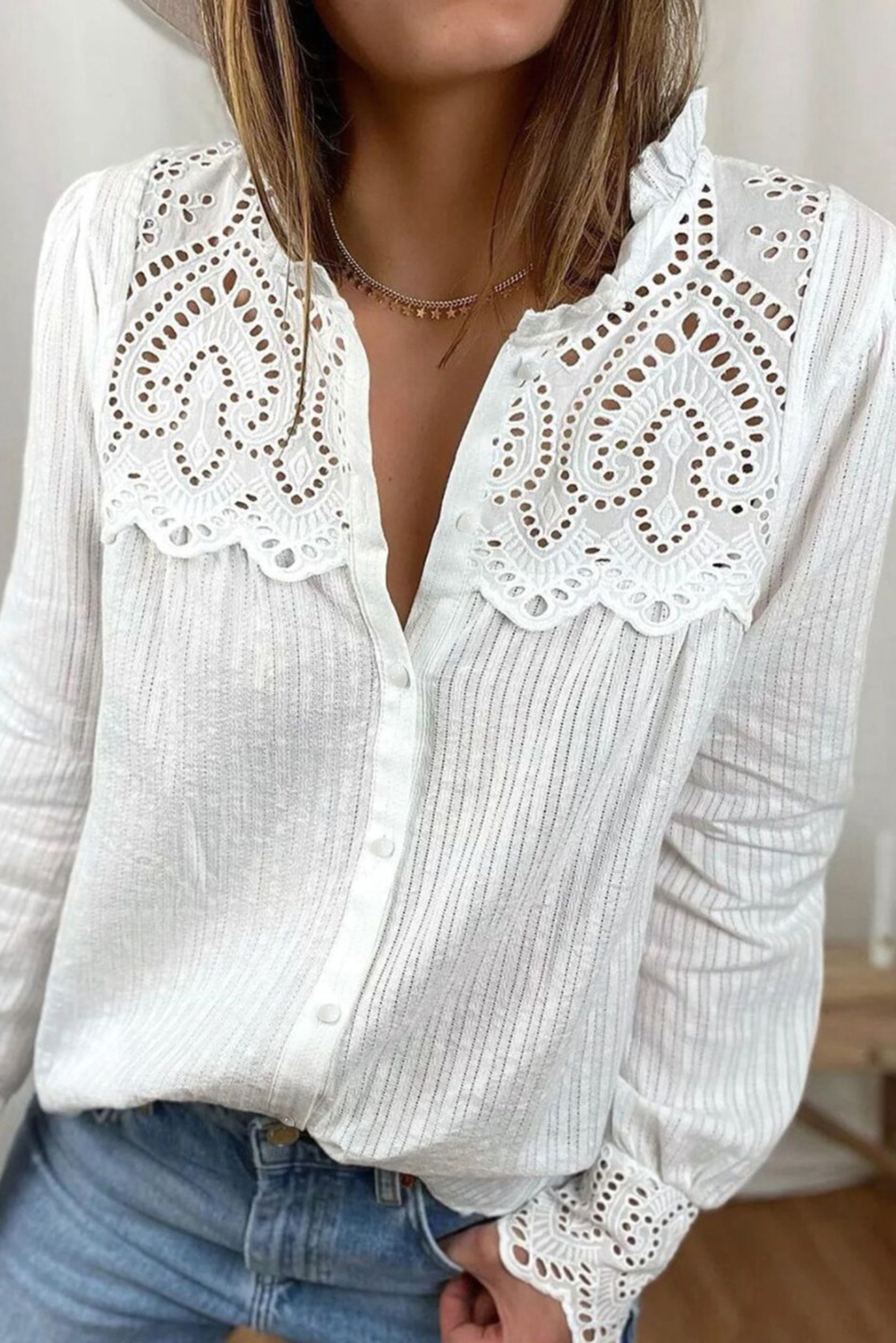 White Hollowed Lace Patchwork Frilled Neck Long Sleeve Shirt - loveforevers