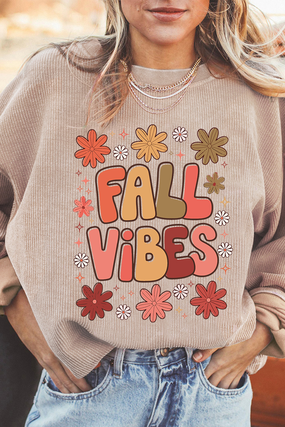 Apricot Twisted Rib FALL VIBE Graphic Baggy Sweatshirt - loveforevers