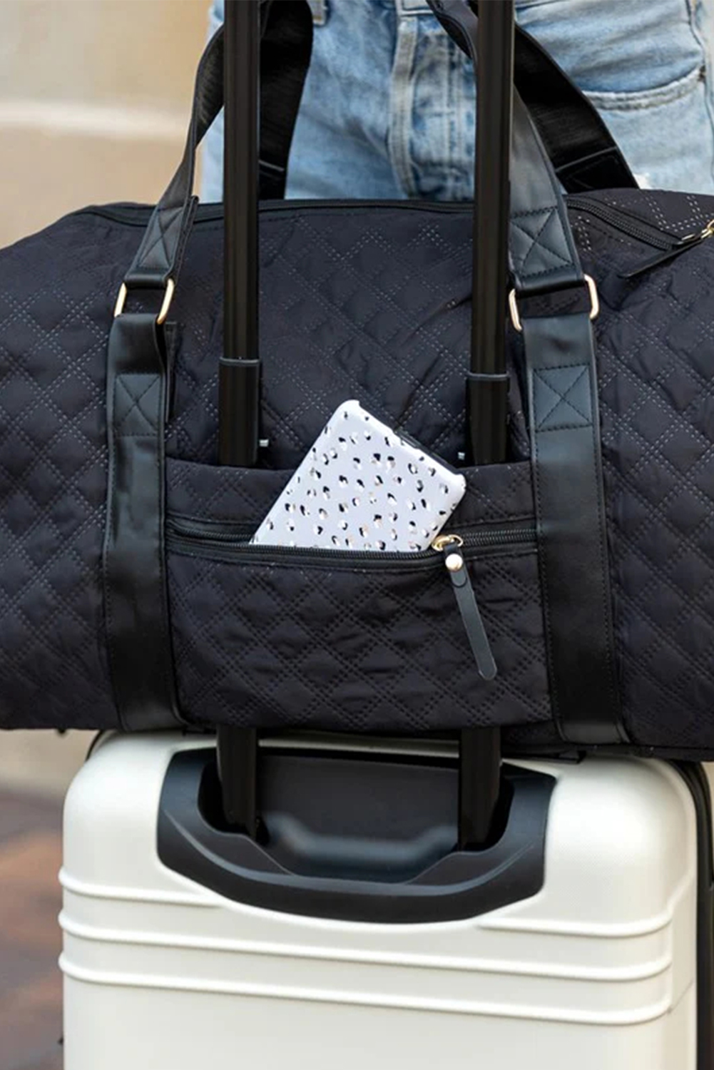 Black Rhombus Textured Waterproof Travel Duffel Bag - loveforevers
