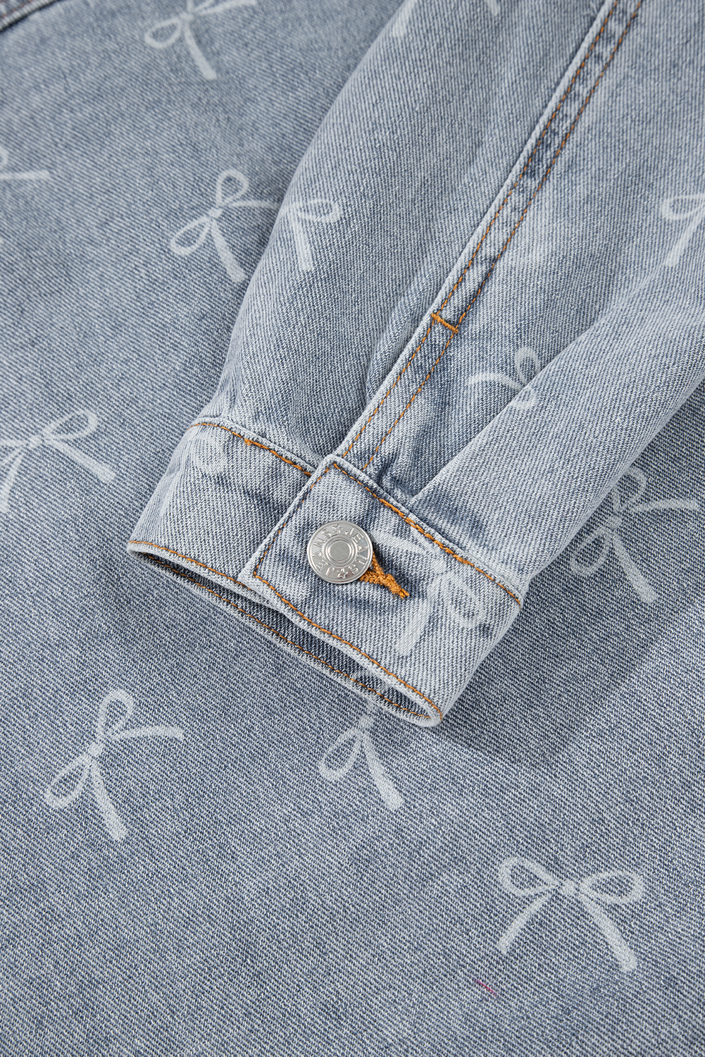 Sky Blue Bow Knot Print Light Wash Raw Hem Denim Jacket - loveforevers