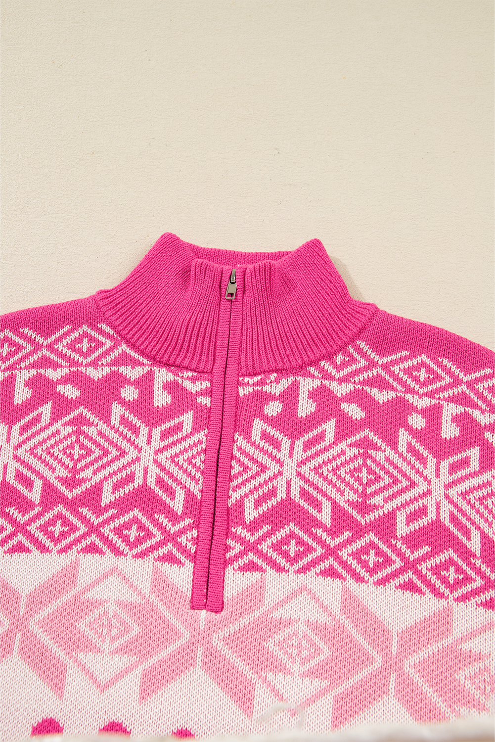Rose Red Christmas Snowflake Quarter Zip Collard Sweater - loveforevers
