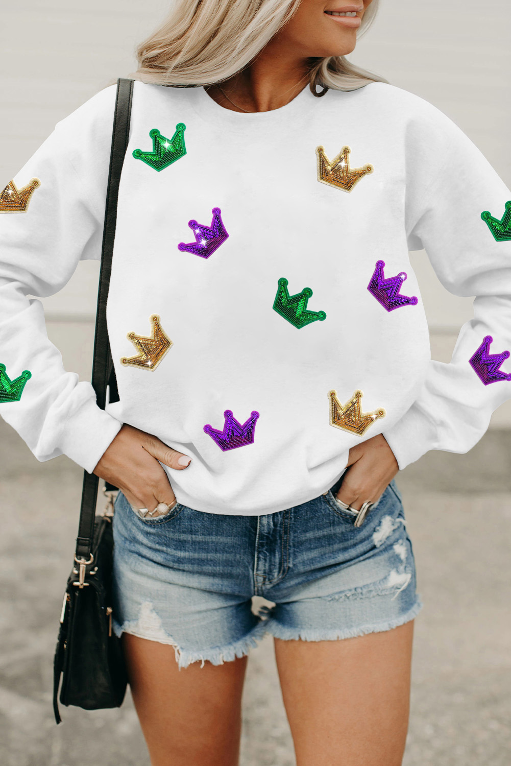 White Mardi Gras Crown Sequined Patch Crew Neck Sweatshirt - loveforevers