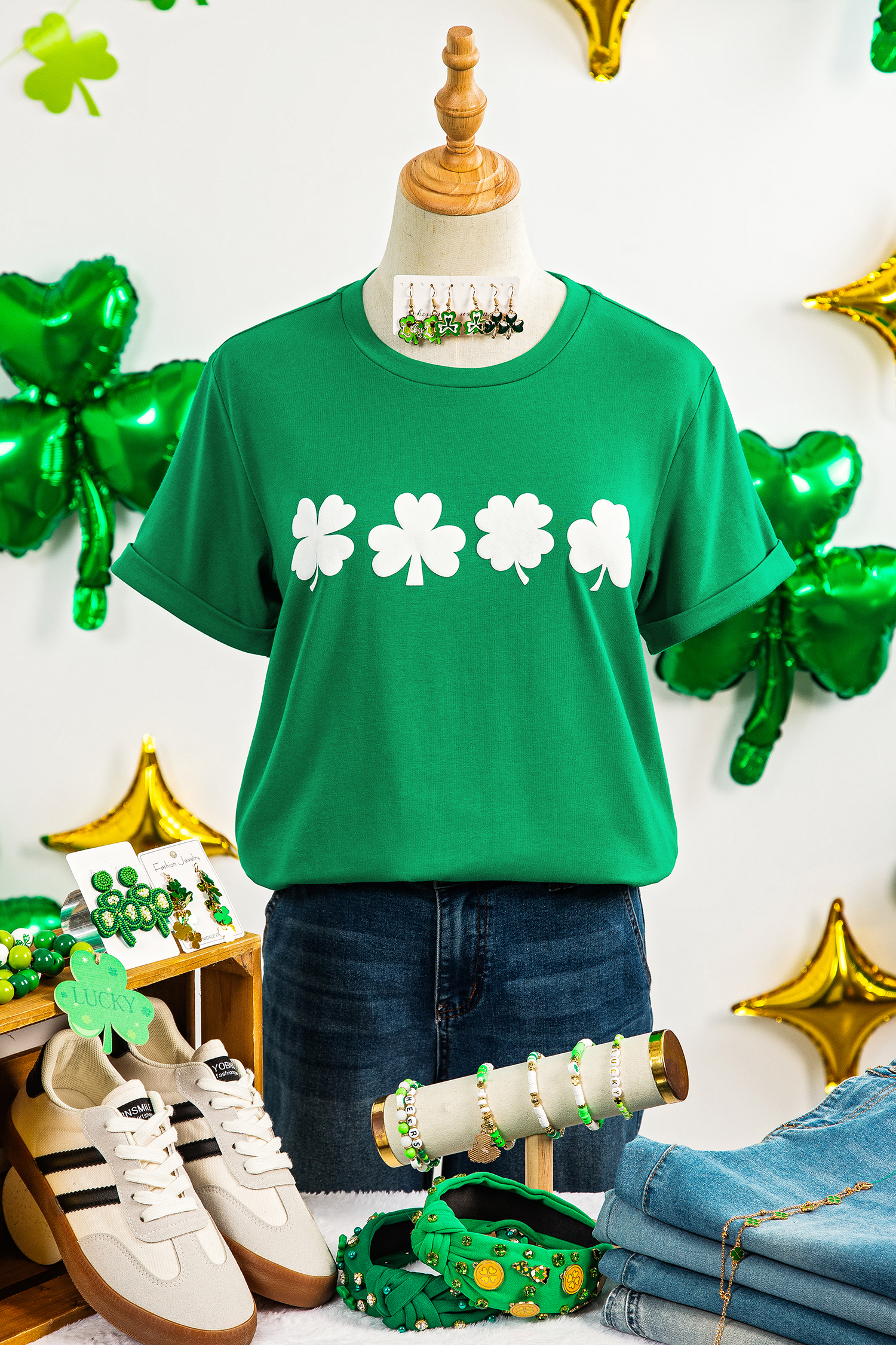 Bright Green St Patricks Day Clover Printed Casual T Shirt - loveforevers