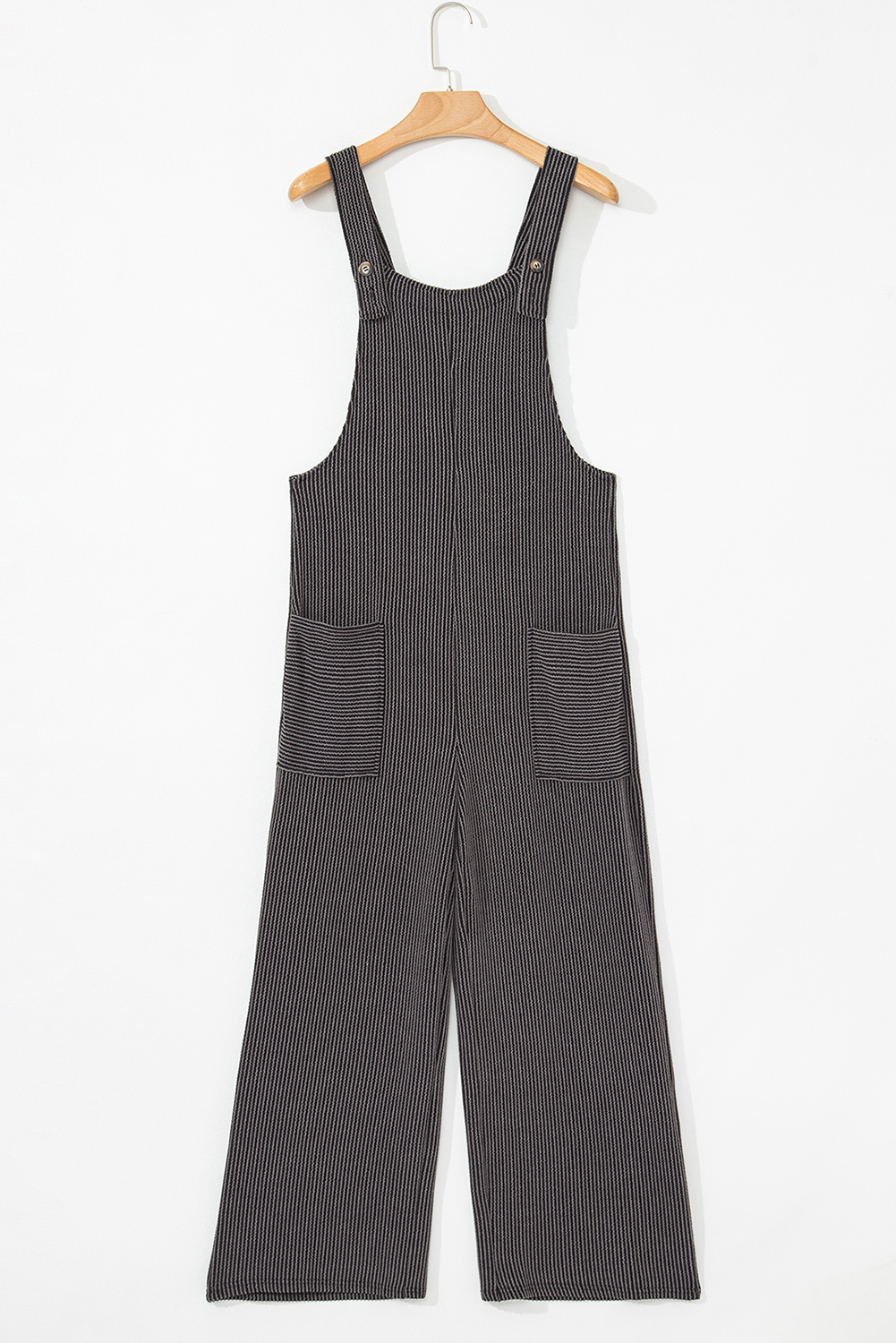 Dark Grey Ribbed Knit Patched Pocket Wide Leg Overalls - loveforevers
