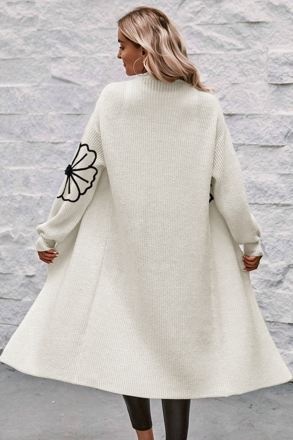 Black Flower Embroidered Drop Shoulder Open Front Duster Cardigan - loveforevers