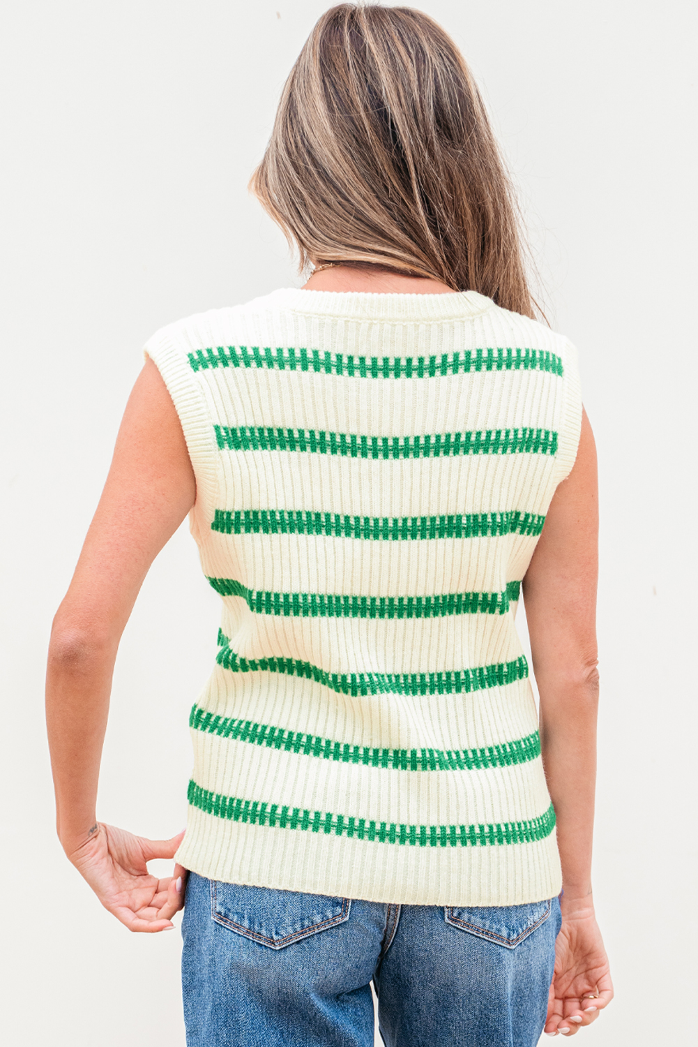 Bright Green Striped Round Neck Casual Sweater Vest - loveforevers