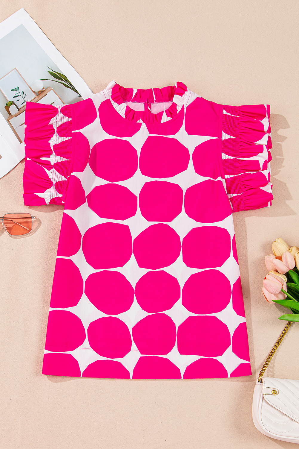 Rose Bubblegum Pattern Frilled Collar Flutter Sleeve Top - loveforevers