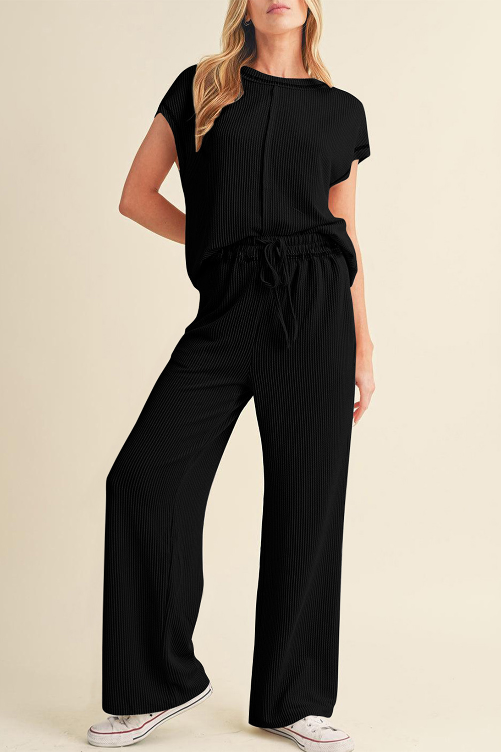 Black Solid Color Corded Short Sleeve Top and Casual Pants Set - loveforevers