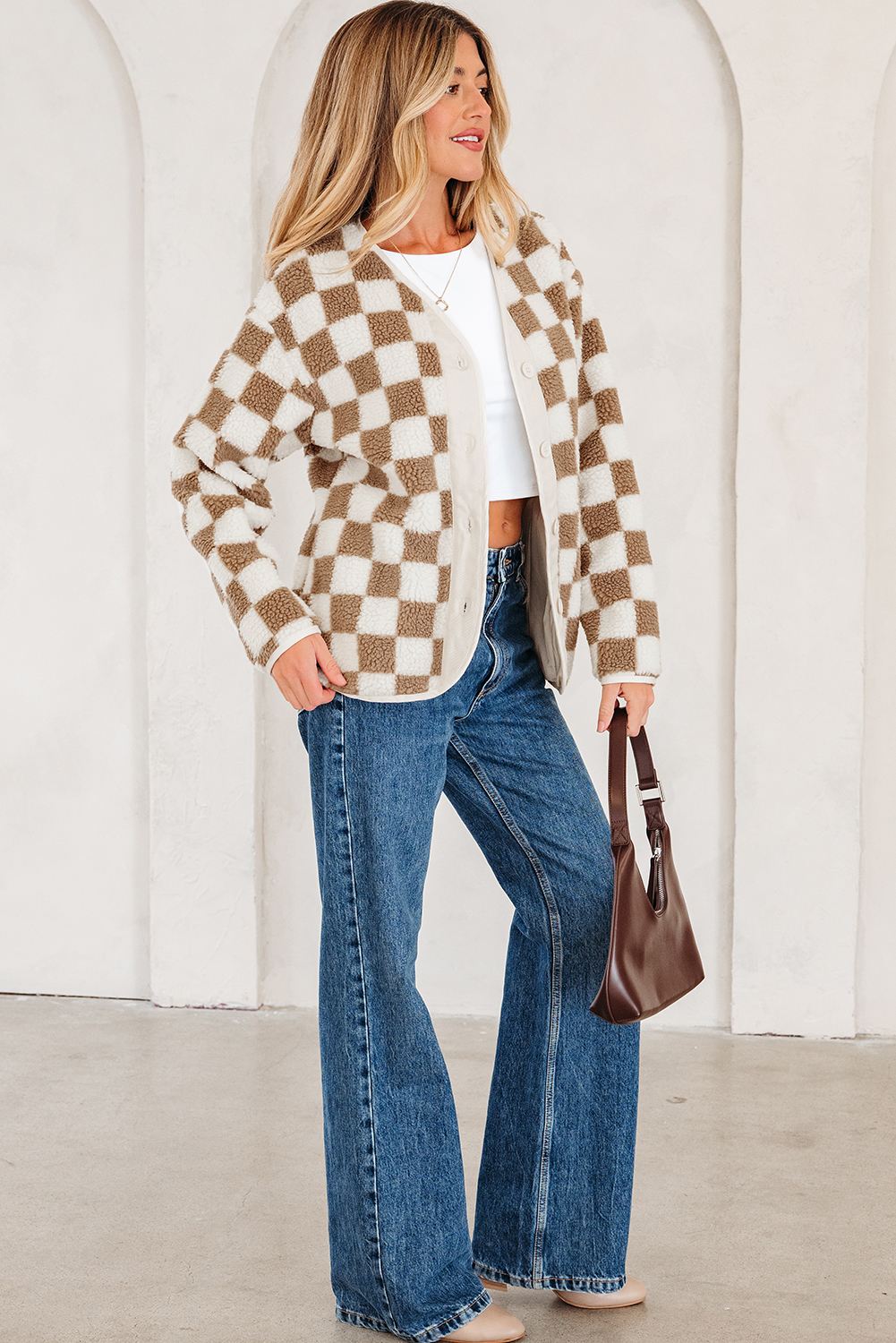 Brown Checkered Sherpa Buttoned Front Chunky Jacket - loveforevers