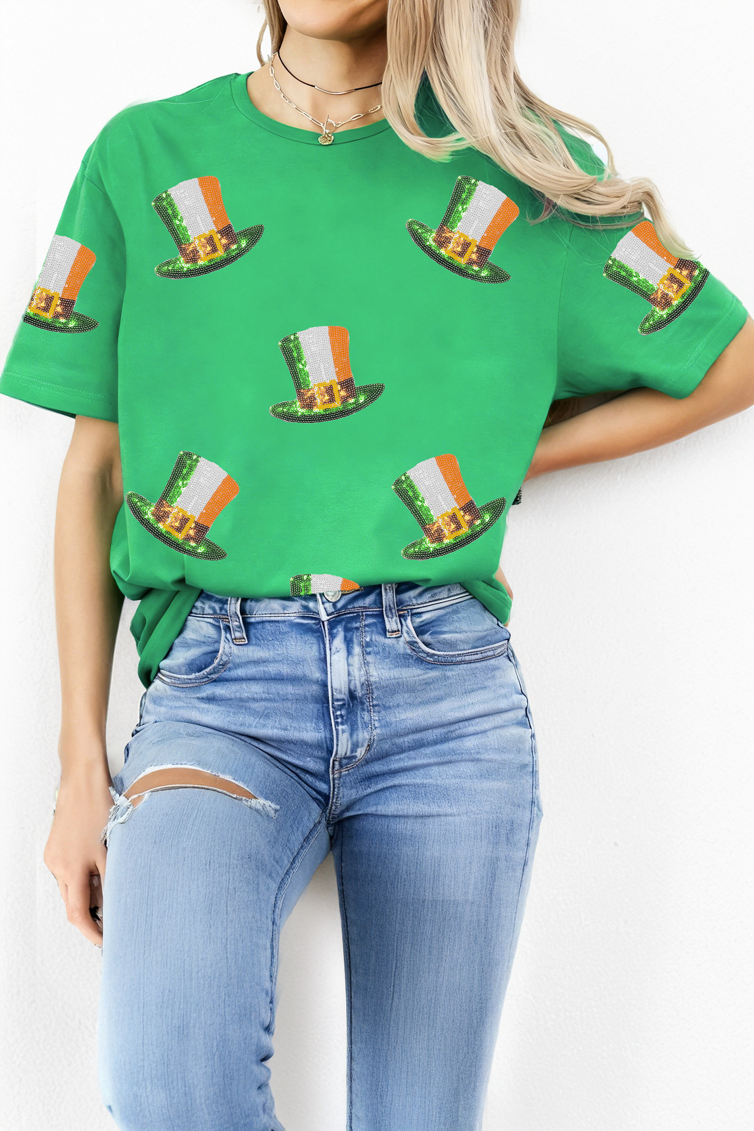 Bright Green Sequin St Patricks Day Hat Relaxed T Shirt - loveforevers