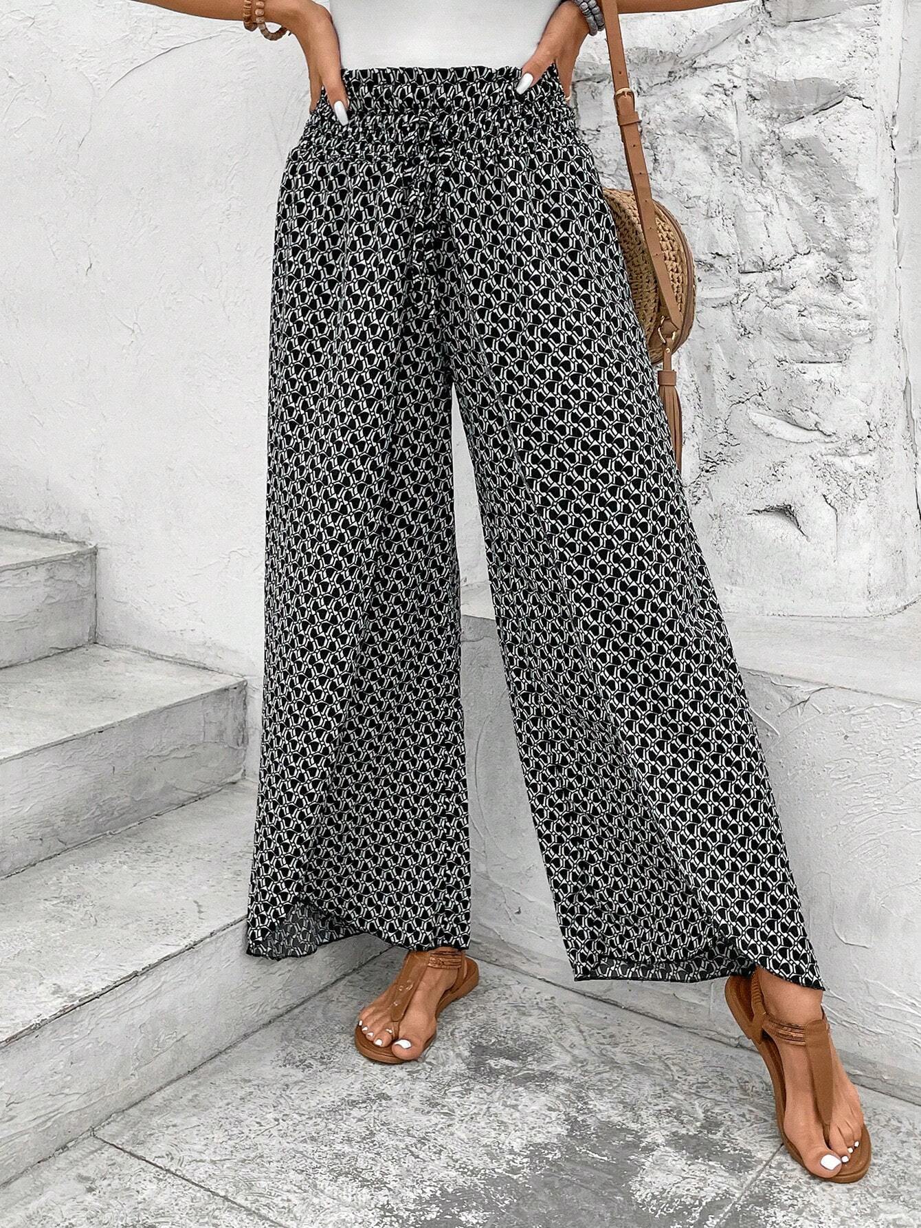 Black Bohemian Print Slit Wide Leg Smocked High Waist Pants - loveforevers