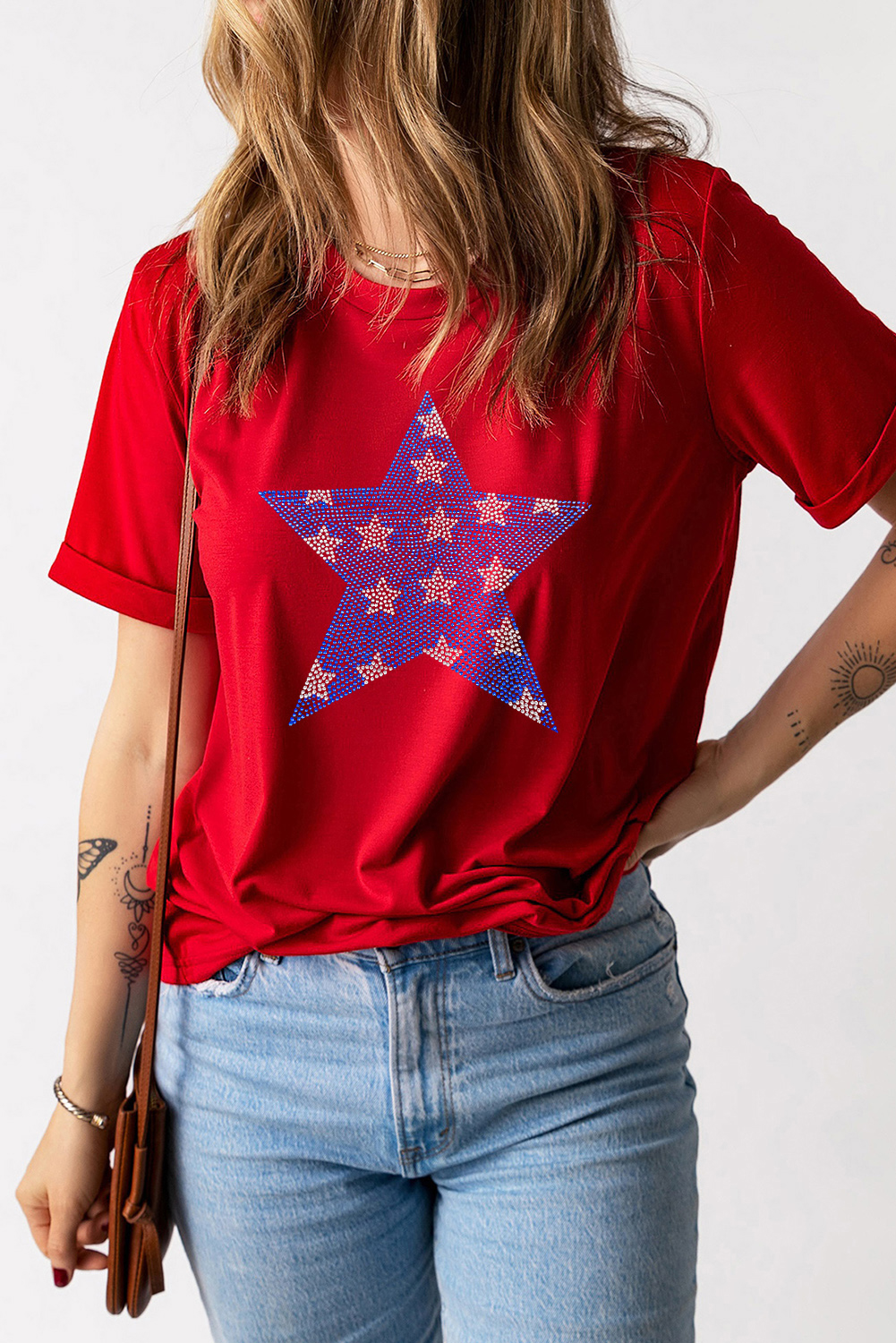 Red Rhinestone Star Pattern Independent Day T Shirt - loveforevers