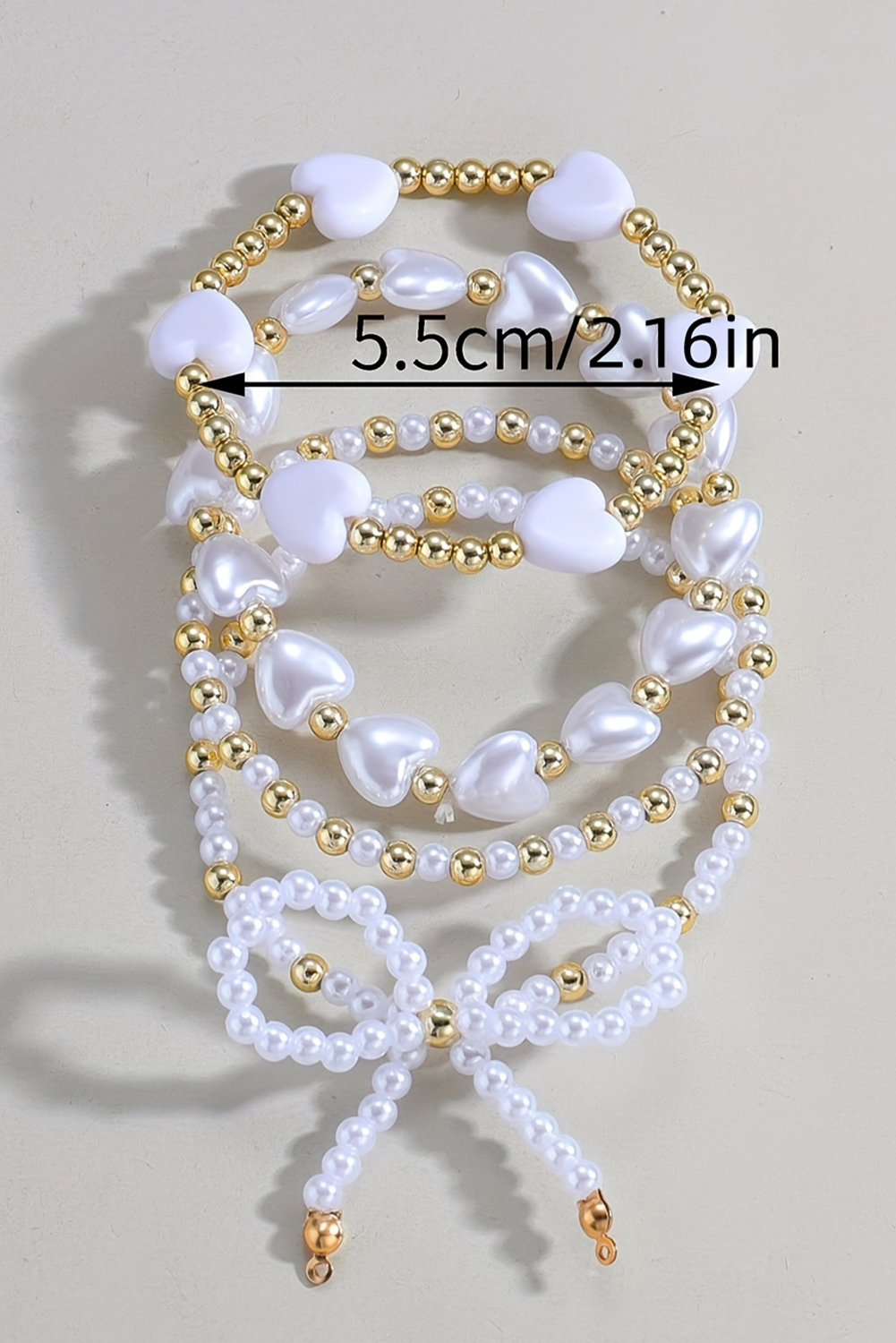 White Bow Knot Heart Shape Faux Pearl Beaded Bracelet Set - loveforevers