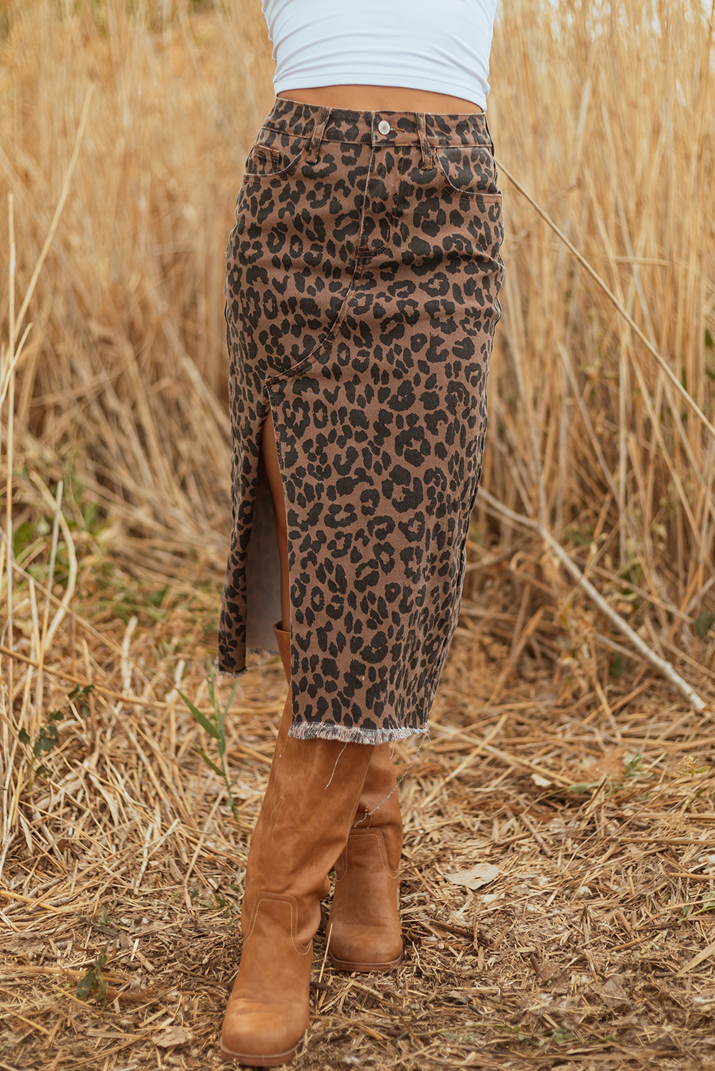 Brown Leopard Denim Frayed Split Denim Midi Skirt - loveforevers