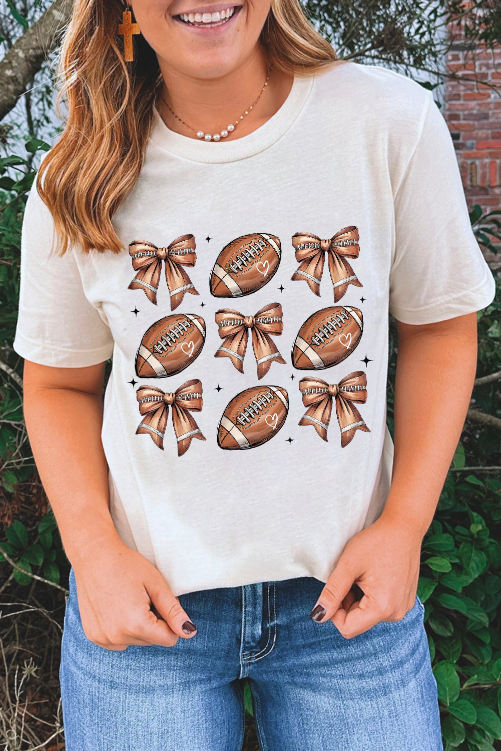 White Football Fashion Bow Print Cotton Blend T Shirt - loveforevers