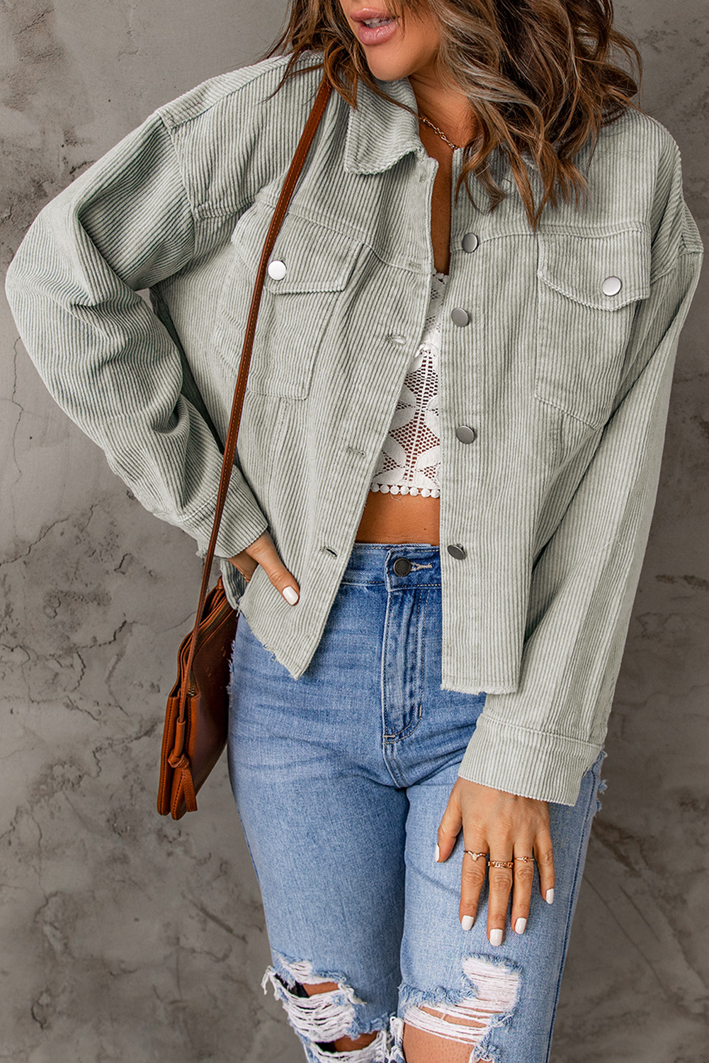 Sky Blue Raw Hem Flap Pockets Cropped Corduroy Jacket - loveforevers