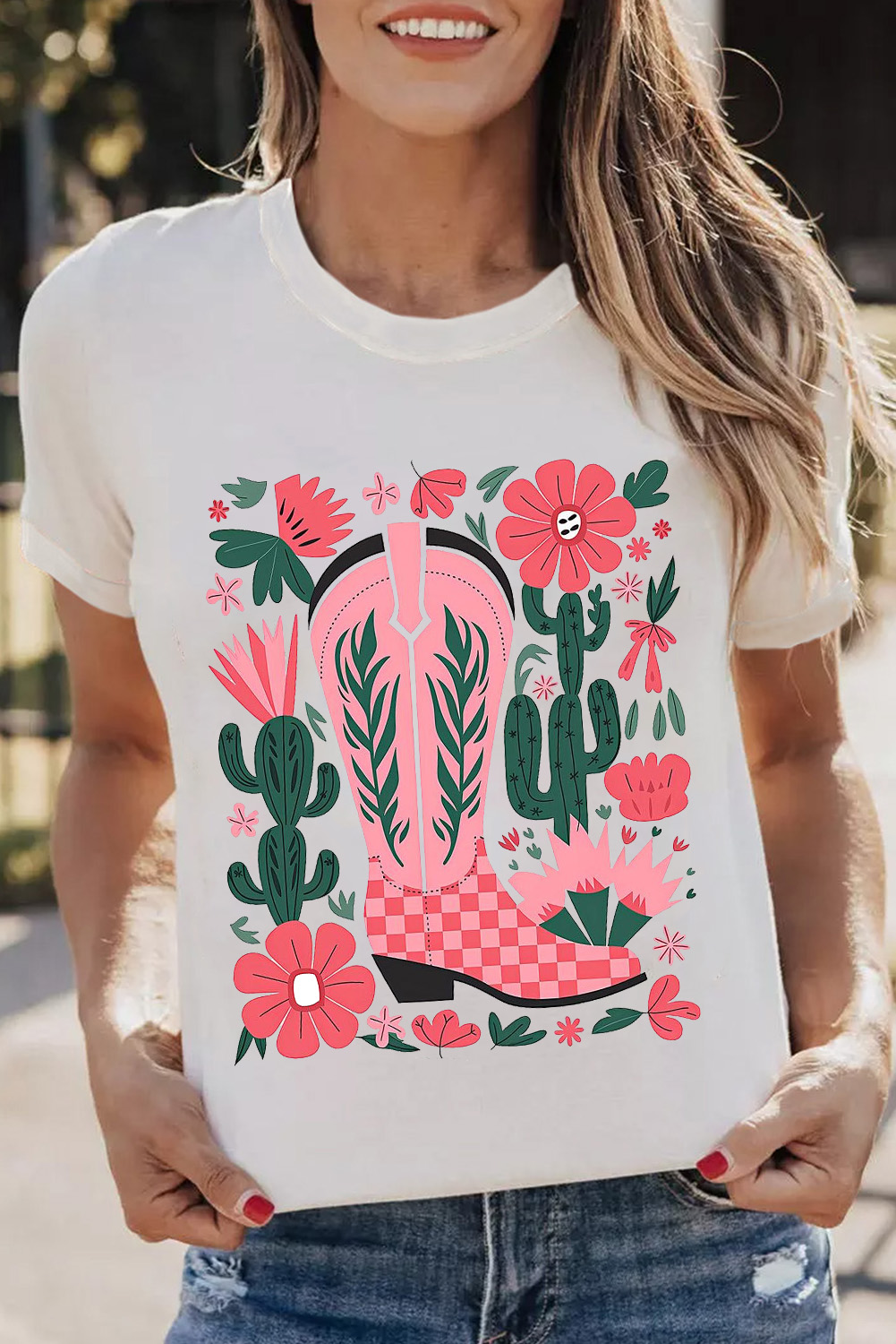 White Western Boots Flower Print Round Neck T Shirt - loveforevers