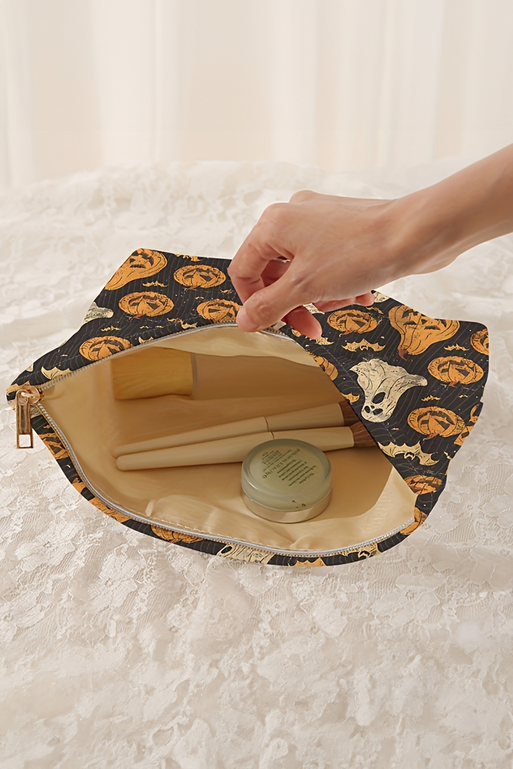Black Striped Halloween Pumpkin Ghost Printed Makeup Bag - loveforevers