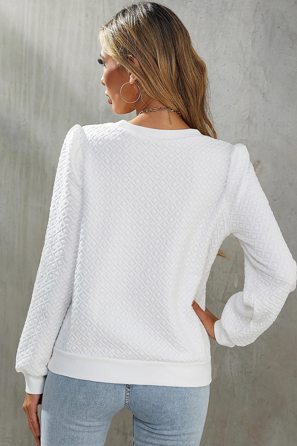 White Textured Puff Long Sleeve Round Neck Top - loveforevers