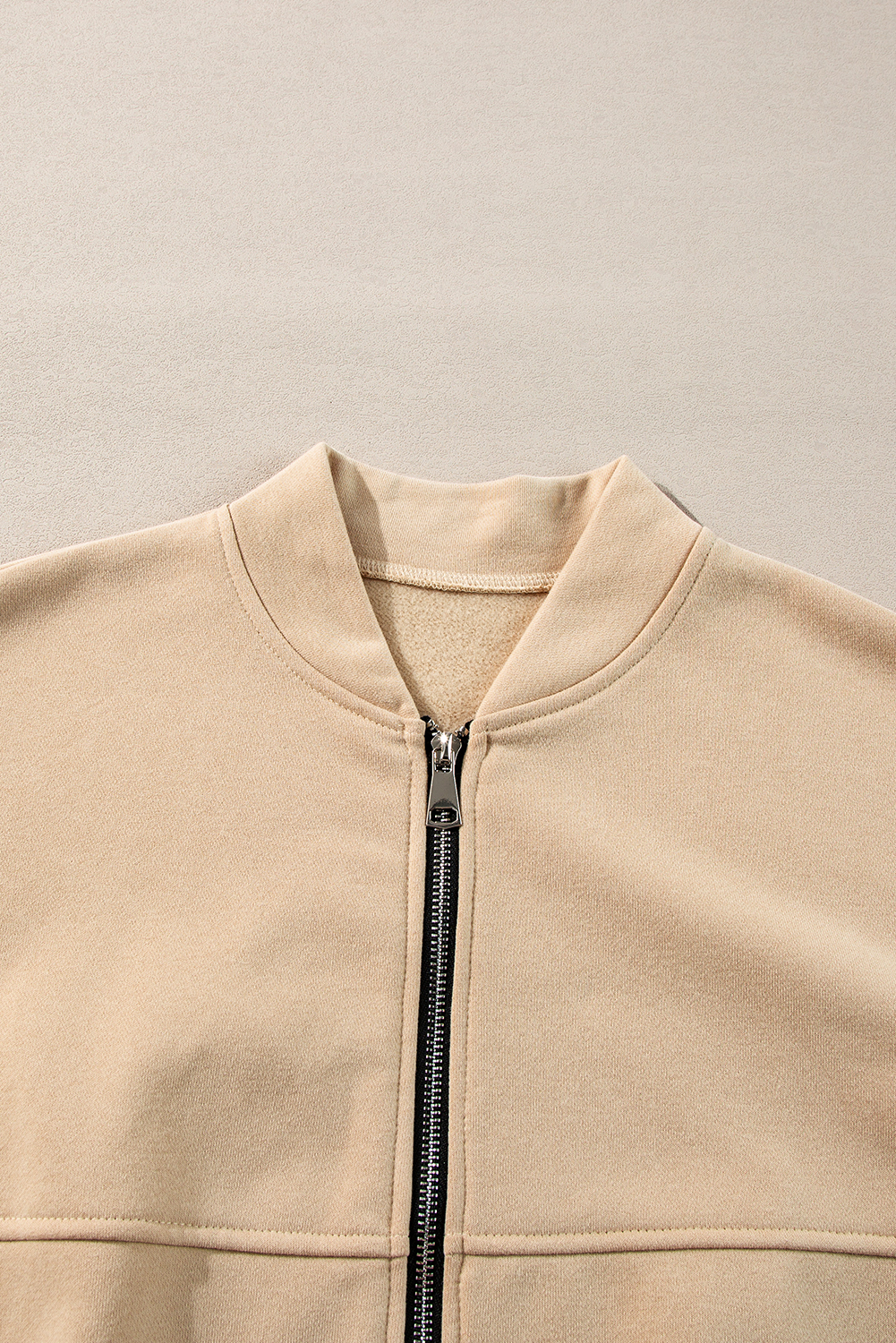 Apricot Solid Seamed Zipper Jacket and Drawstring Waist Pants Set - loveforevers