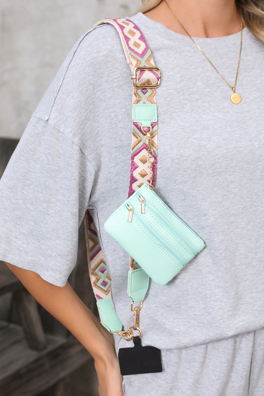 Sea Green Geometric Printed Phone Strap And Detachable Zipped Pouch - loveforevers