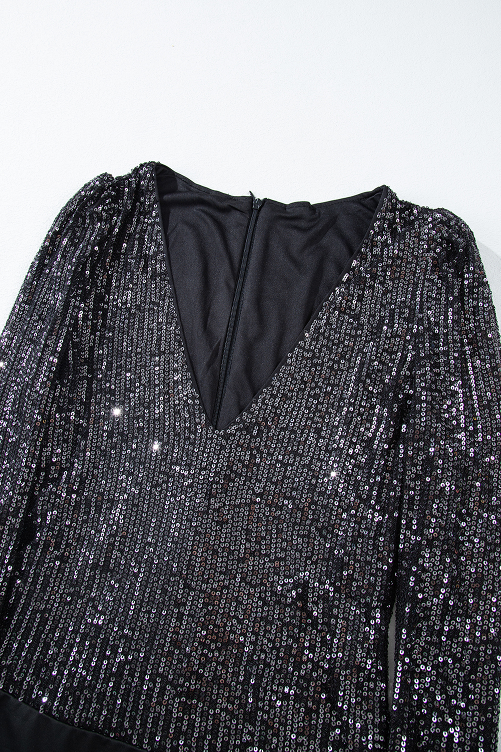 Black Sequin V Neck Zipped Long Sleeve Bodysuit - loveforevers