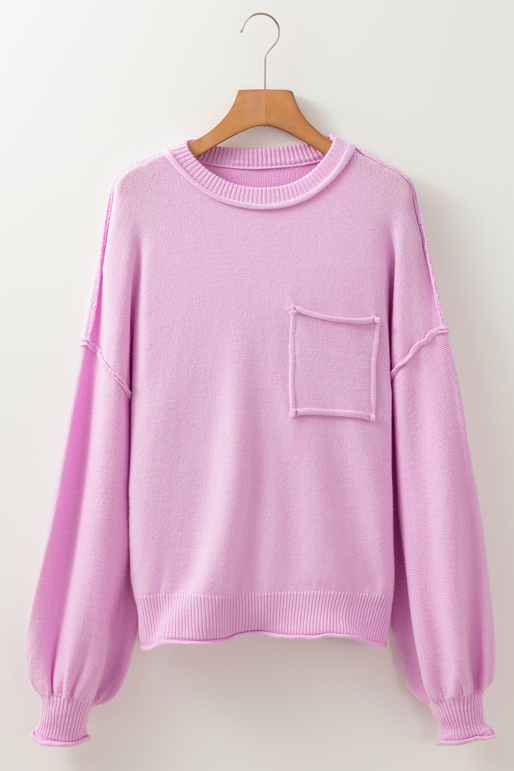 Pink Raw Edge Ribbed Detail Drop Shoulder Sweater - loveforevers