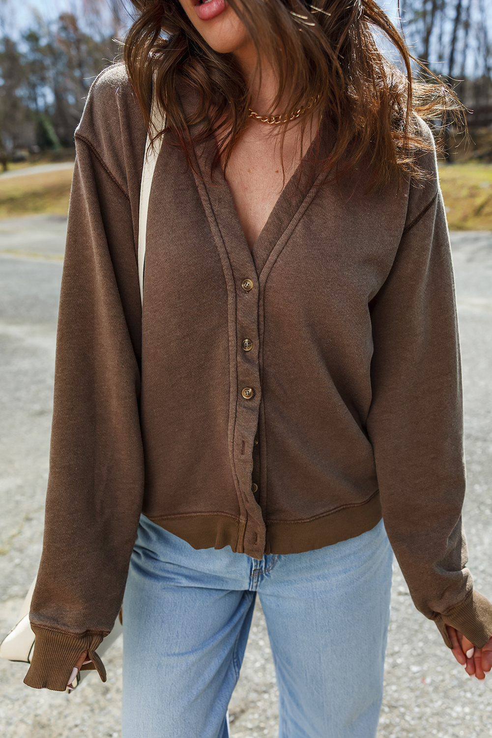 Coffee Button Front V Neck Casual Cardigan - loveforevers