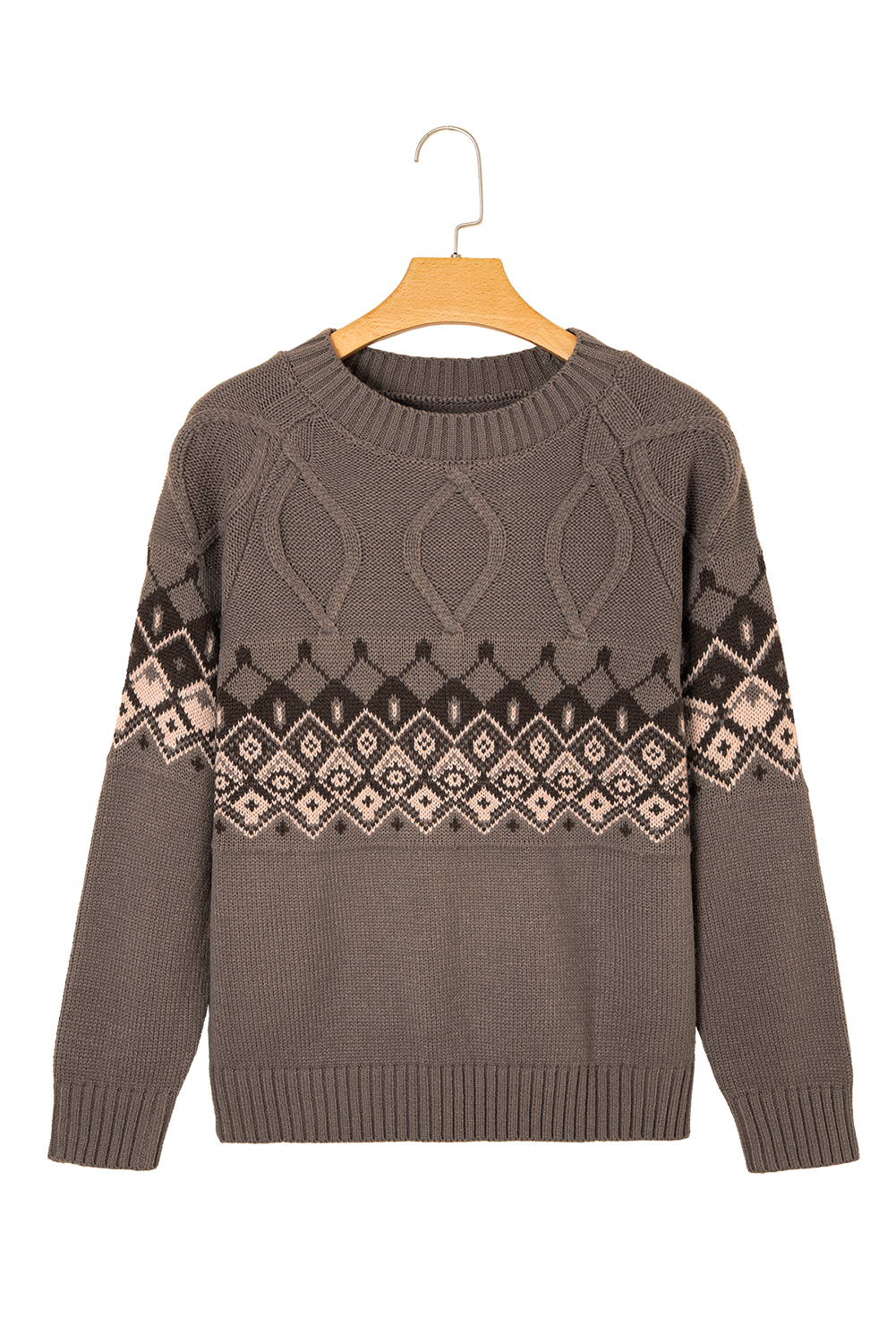 Light French Beige Western Geometric Patterned Crew Neck Knitted Sweater - loveforevers