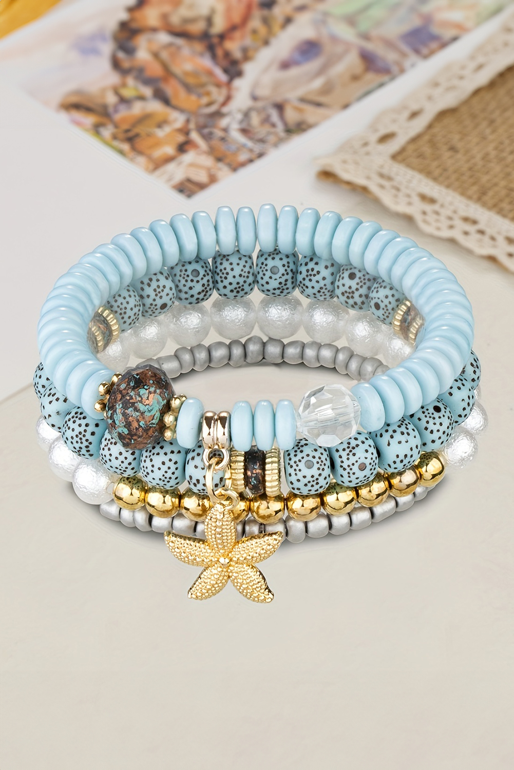 Light Blue 4pcs Starfish Pendant Beaded Bracelet Set - loveforevers