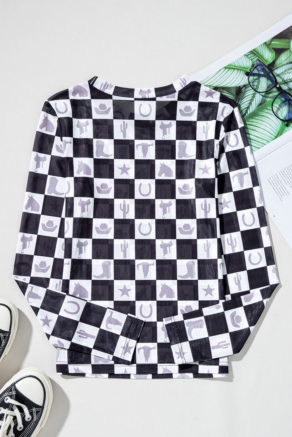 Khaki Checkered Pattern Mesh Mock Neck Long Sleeve Top - loveforevers