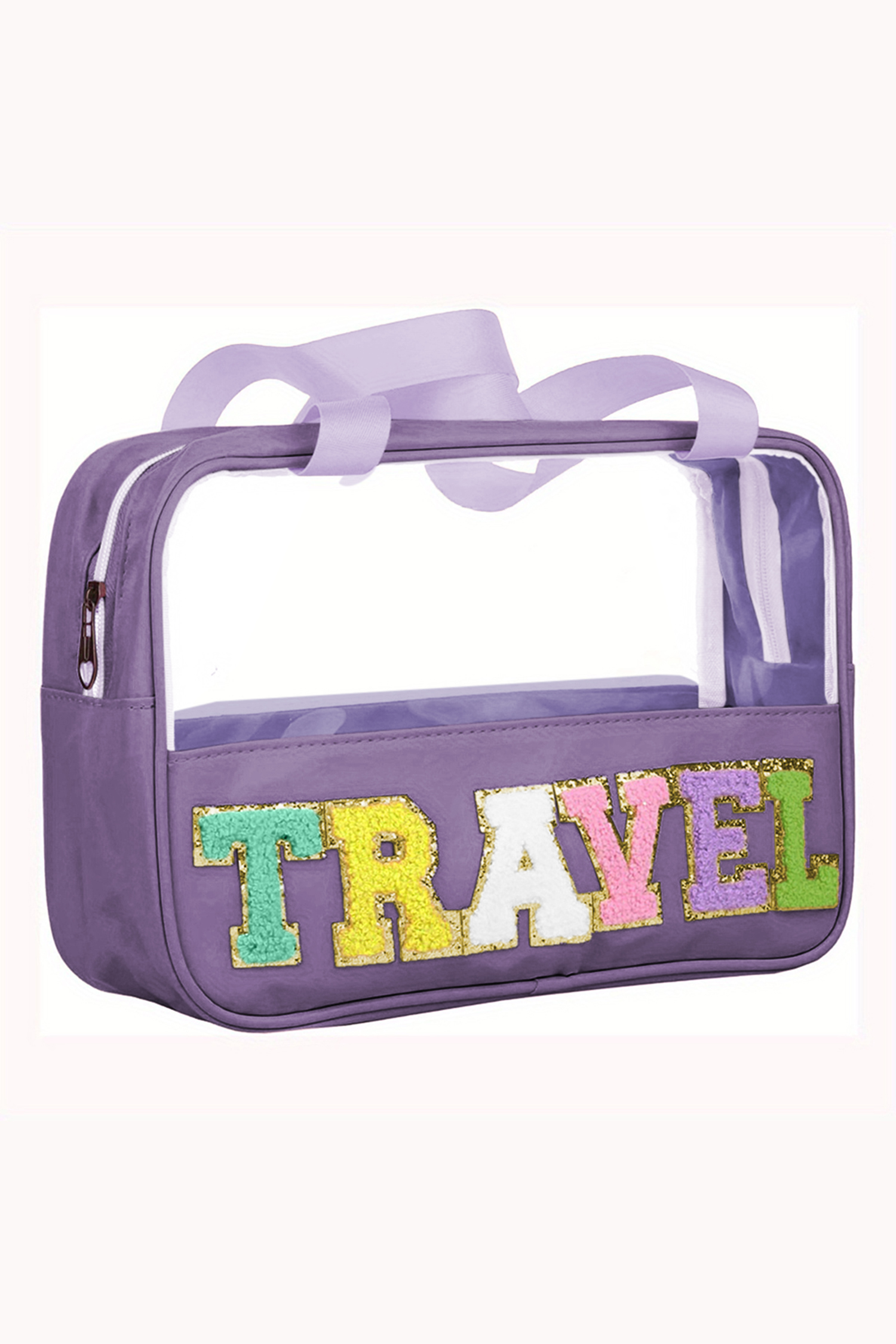 Light Pink TRAVEL Chenille Letter Clear PVC Makeup Bag - loveforevers