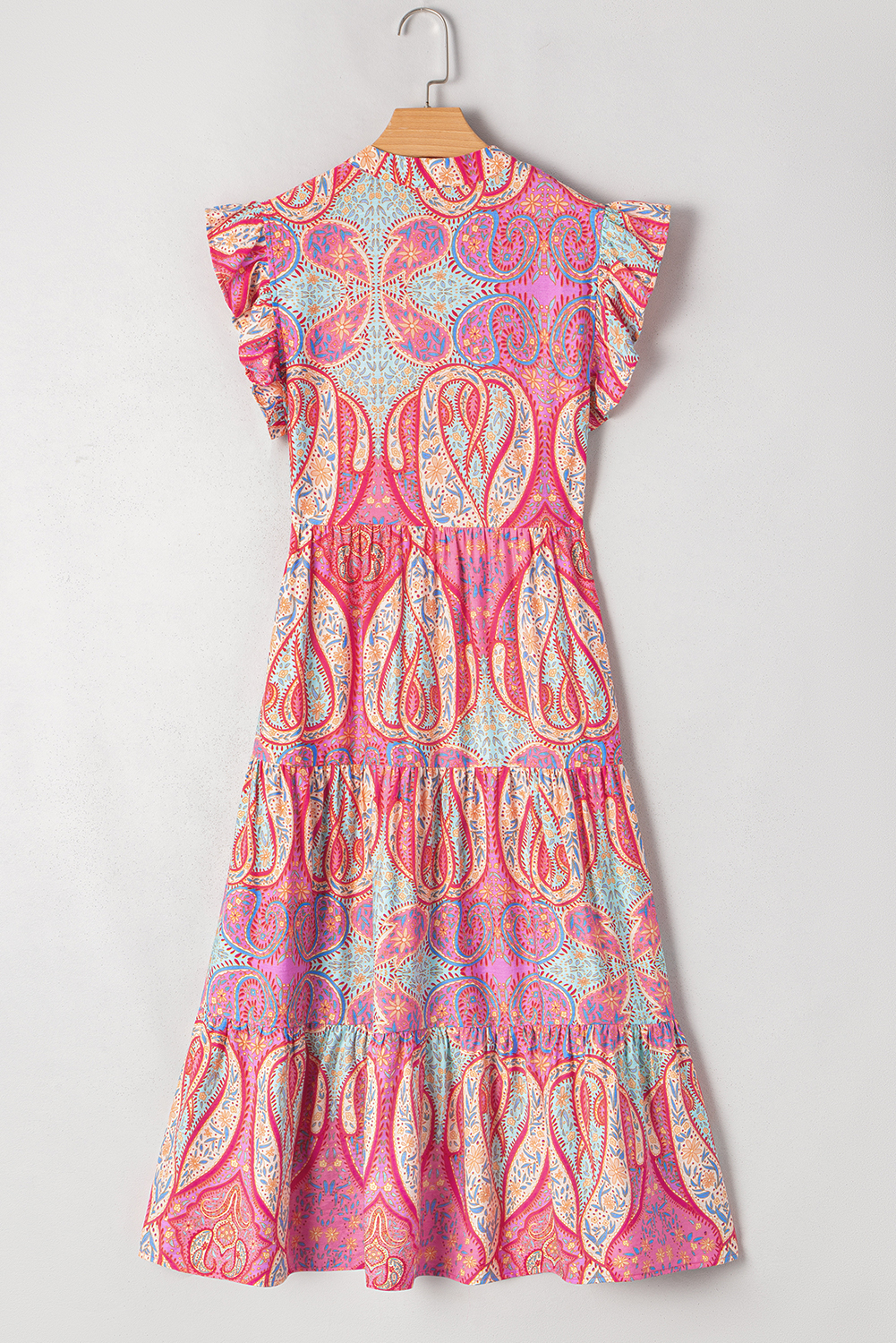 Rose Tribal Paisley Print Ruffled Sleeve Notch Neck Midi Dress - loveforevers