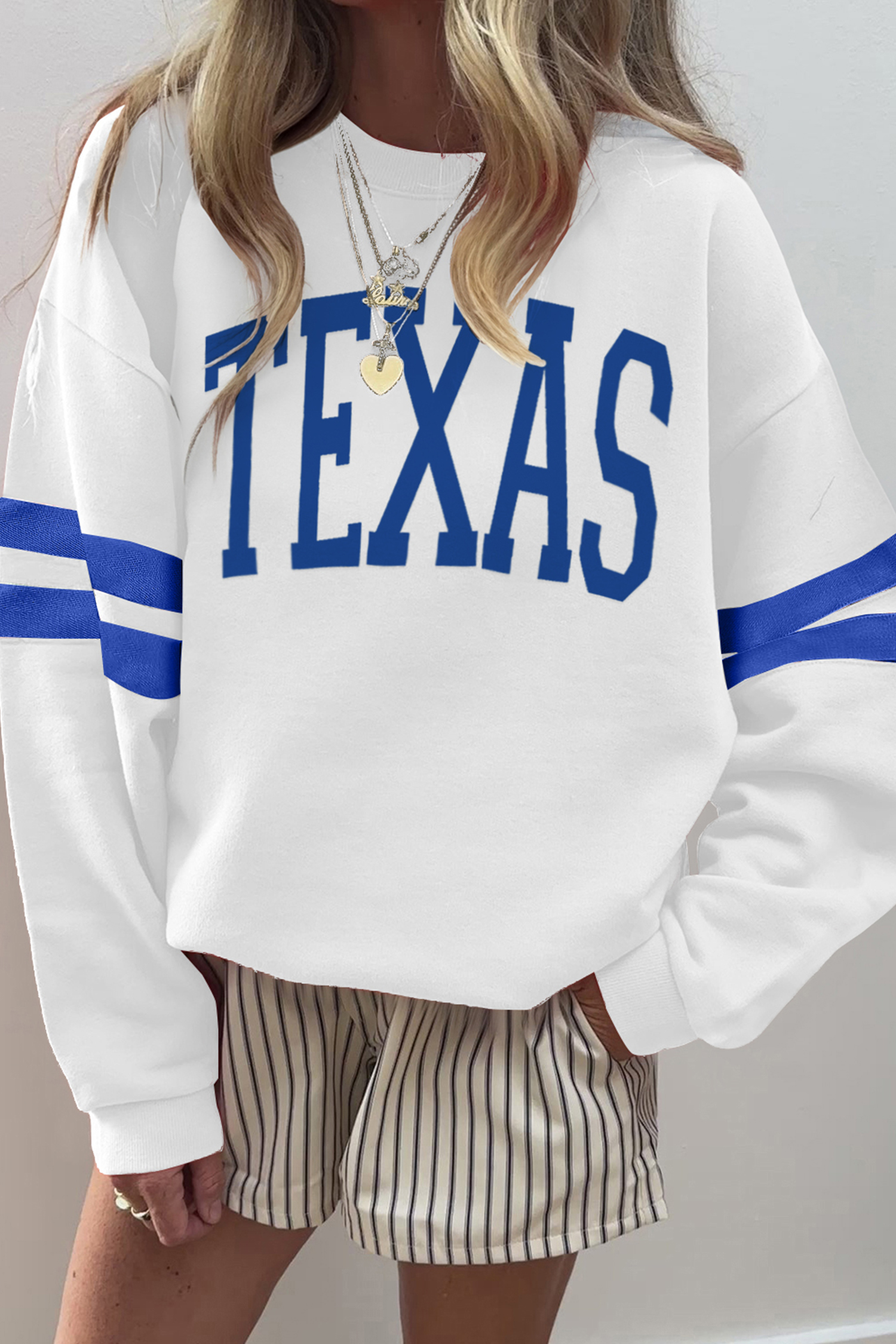 White TEXAS Letter Print Varsity Striped Sleeve Casual Sweatshirt - loveforevers