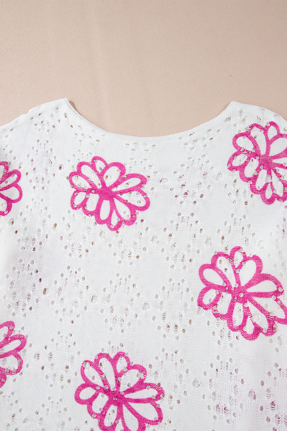 Beige Contrast Flower Print Eyelet Drop Shoulder Sweater - loveforevers