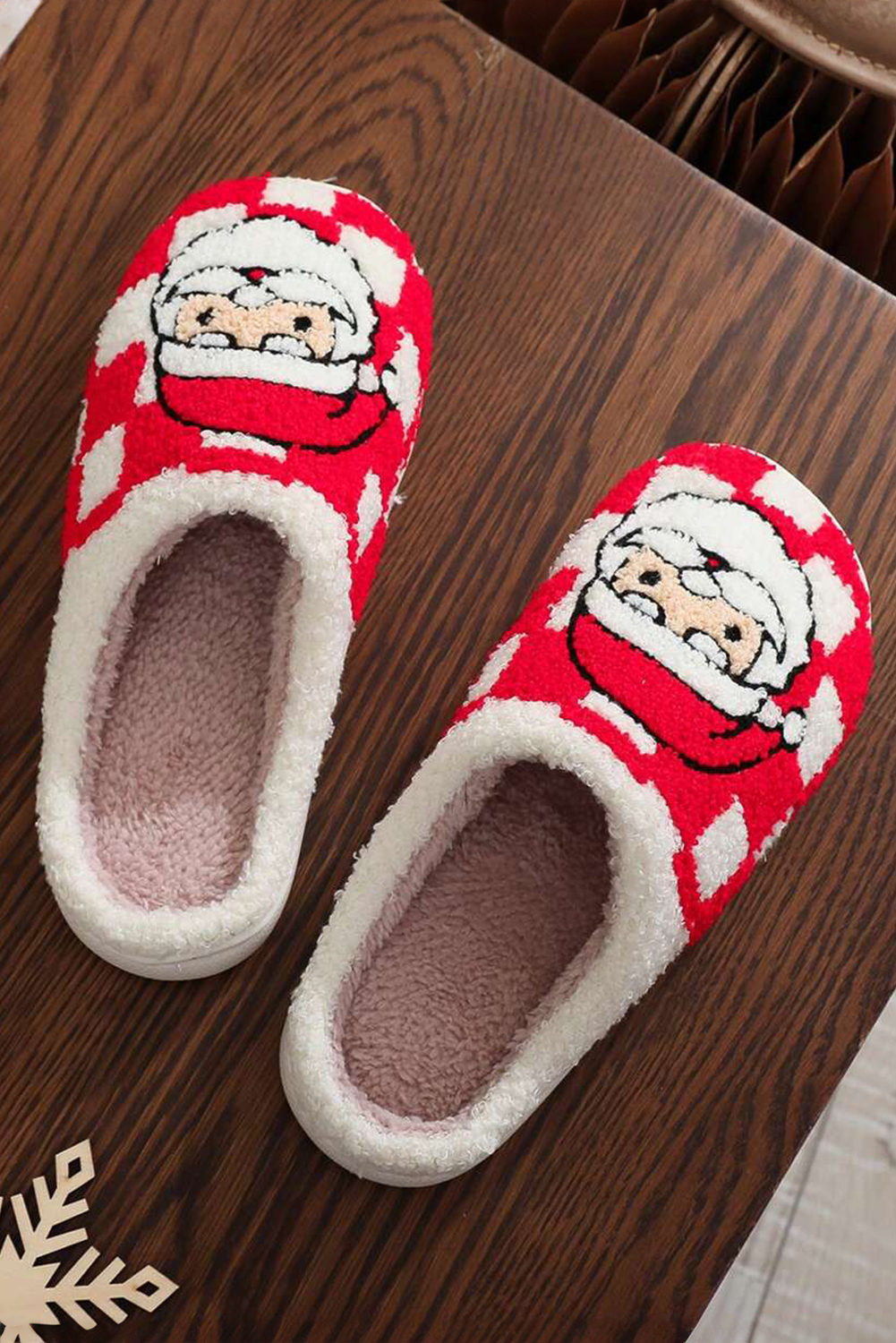 Fiery Red Checkered Santa Claus Graphic Plush Home Slippers - loveforevers