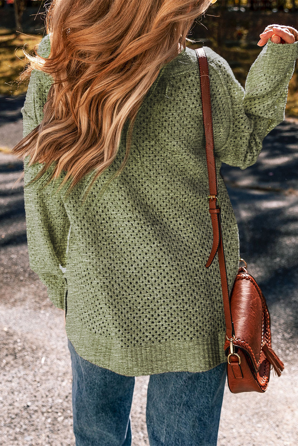 Parchment Loose Eyelet V Neck Drop Shoulder Sweater - loveforevers