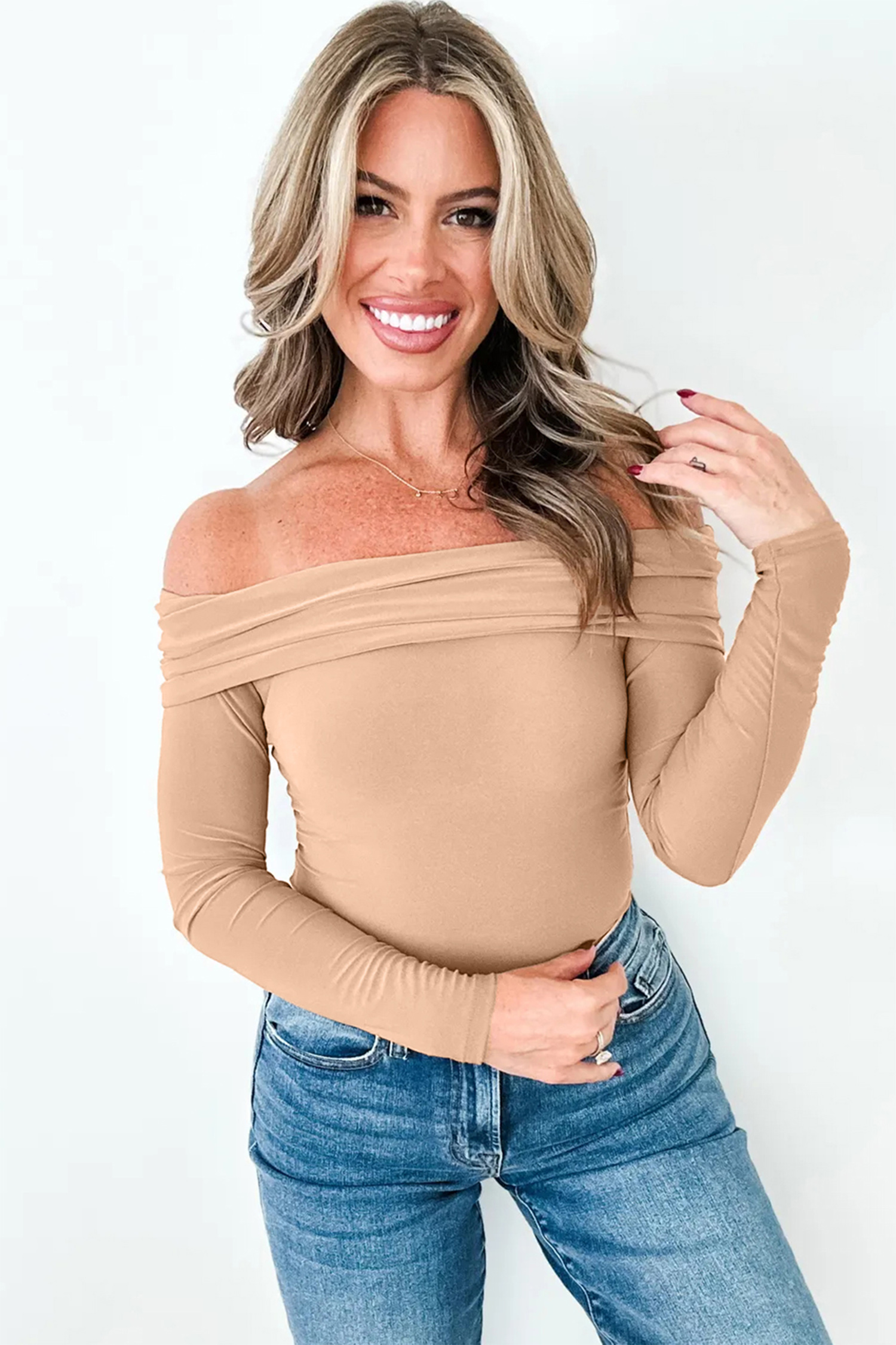 Fiery Red Foldover Off Shoulder Long Sleeve Slim Top - loveforevers