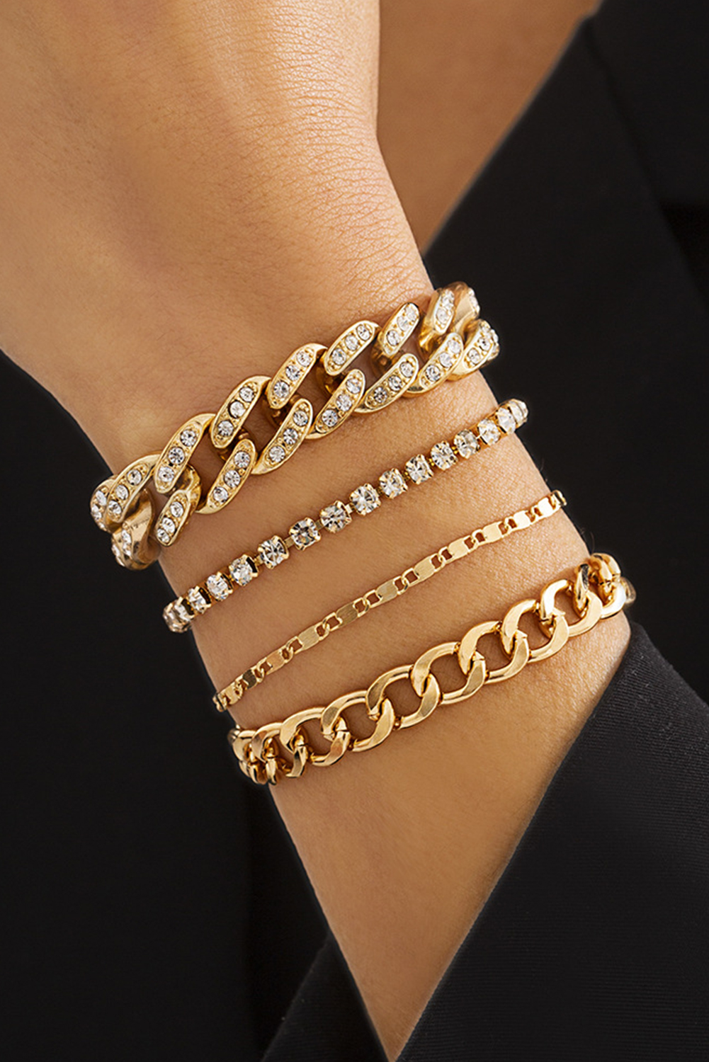Gold 4pcs Rhinestone Decor Adjustable Chain Plated Bracelet Set - loveforevers