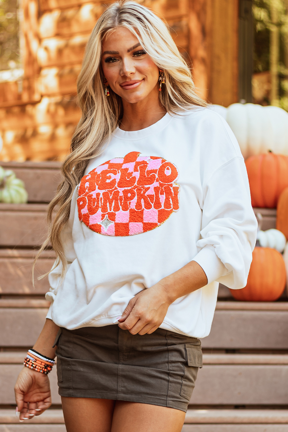 White Terry Halloween Pumpkin Patched Pattern Pullover Sweatshirt - loveforevers