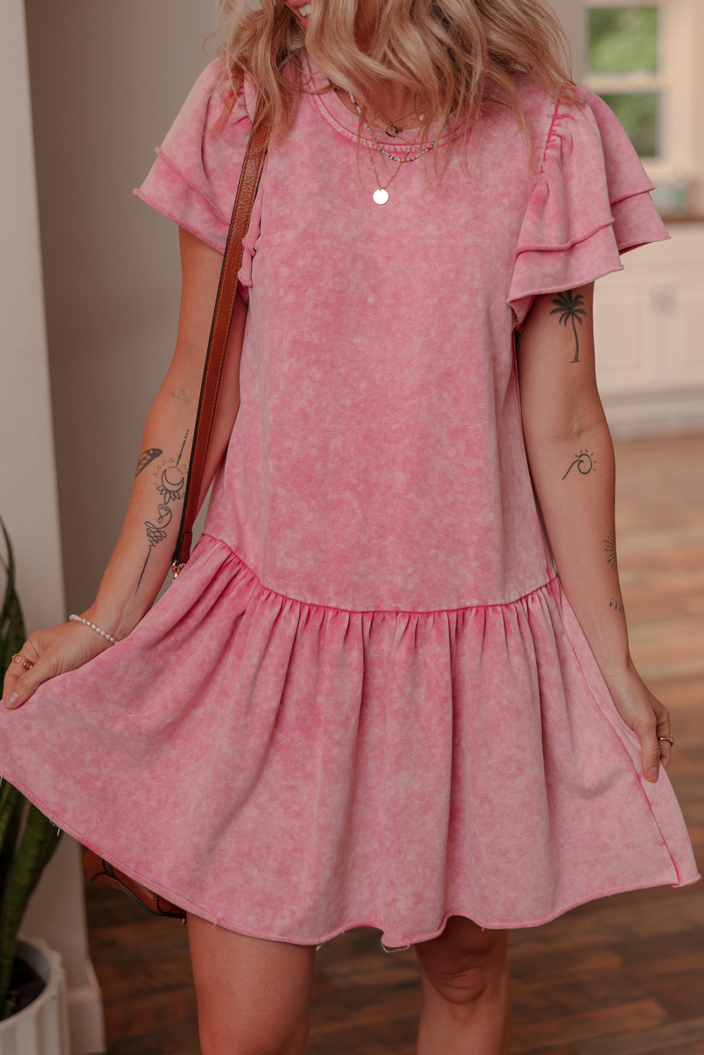 Sachet Pink Mineral Wash Raw Edge Ruffle Mini Dress - loveforevers