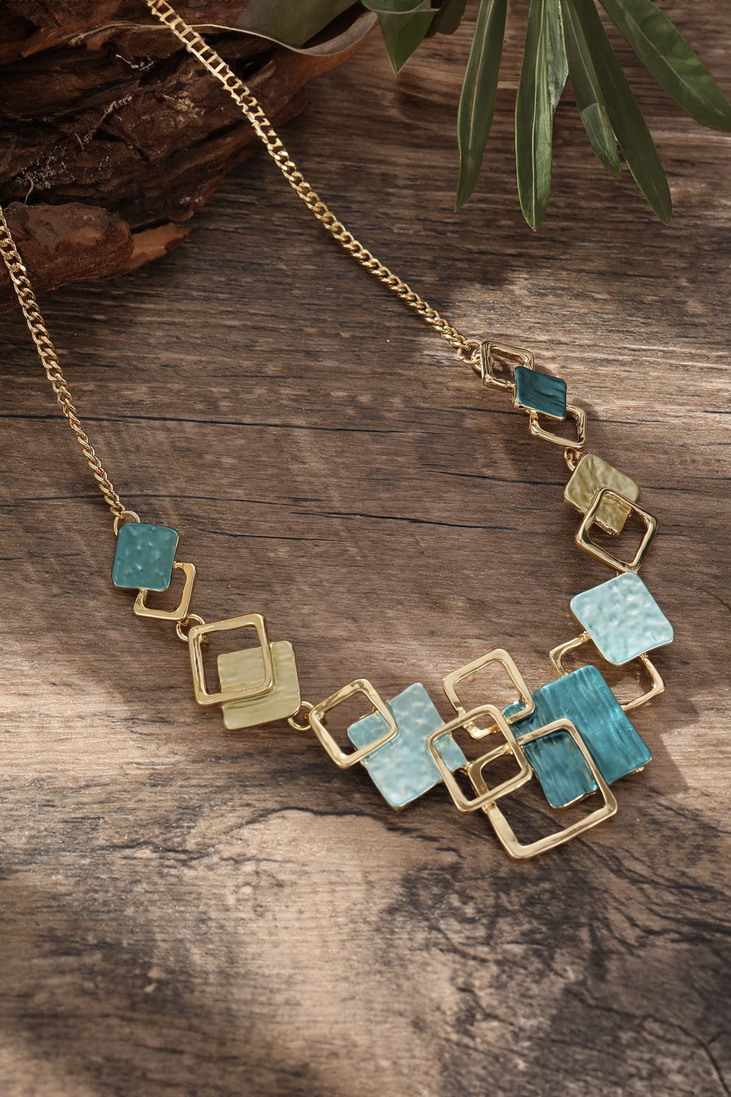 Peacock Blue Bohemian Simple Geometric Hollowed Alloy Thin Coating Necklace - loveforevers