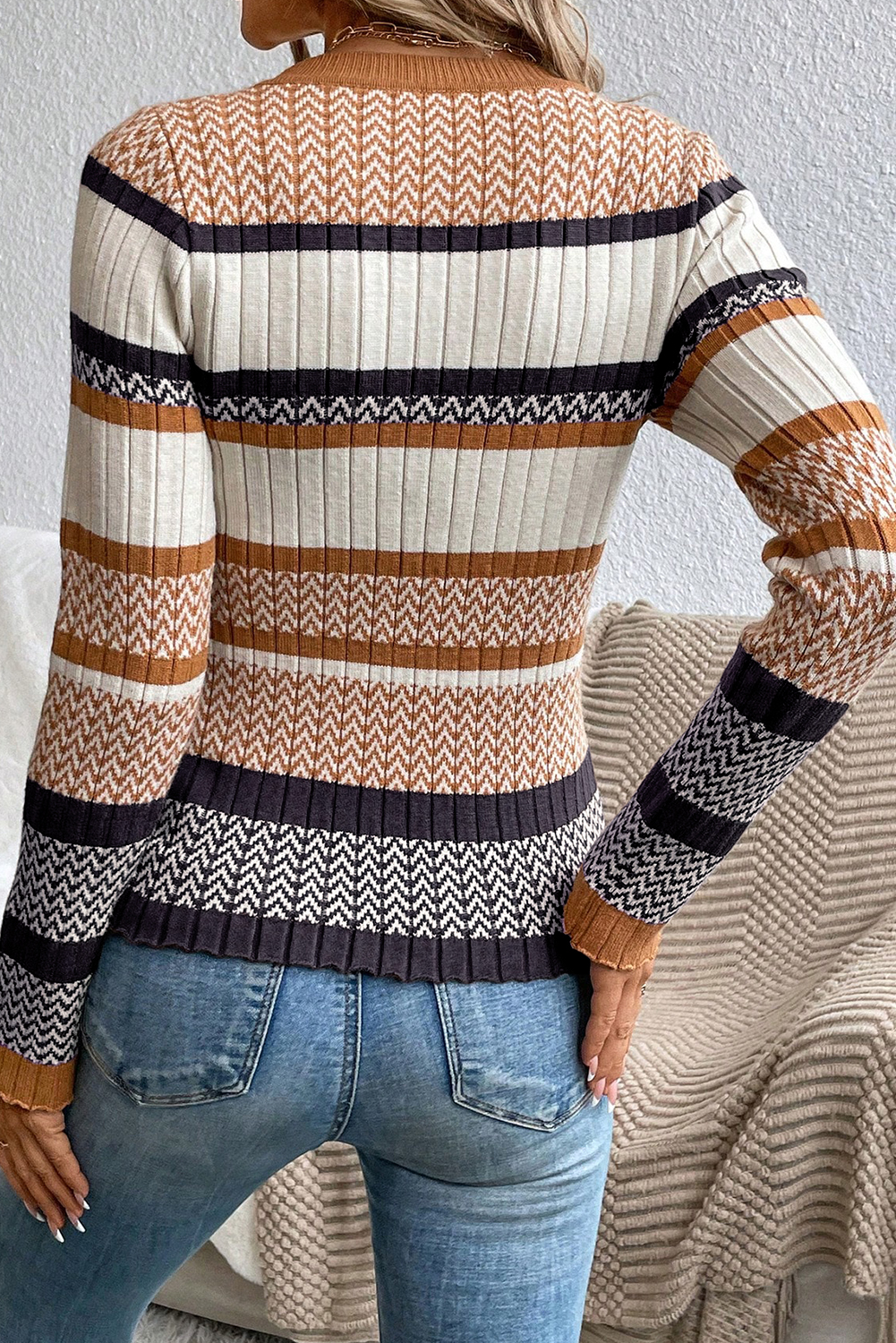 Brown Stripe Stylish Pattern Knitted Ribbed Trim Slim Sweater - loveforevers