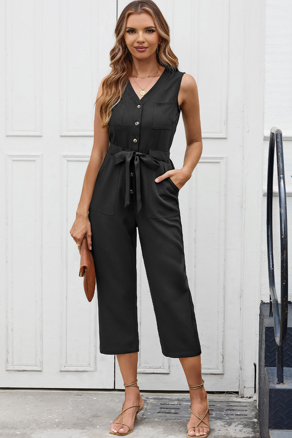 Black Buttoned Sleeveless Cropped Jumpsuit with Sash - loveforevers