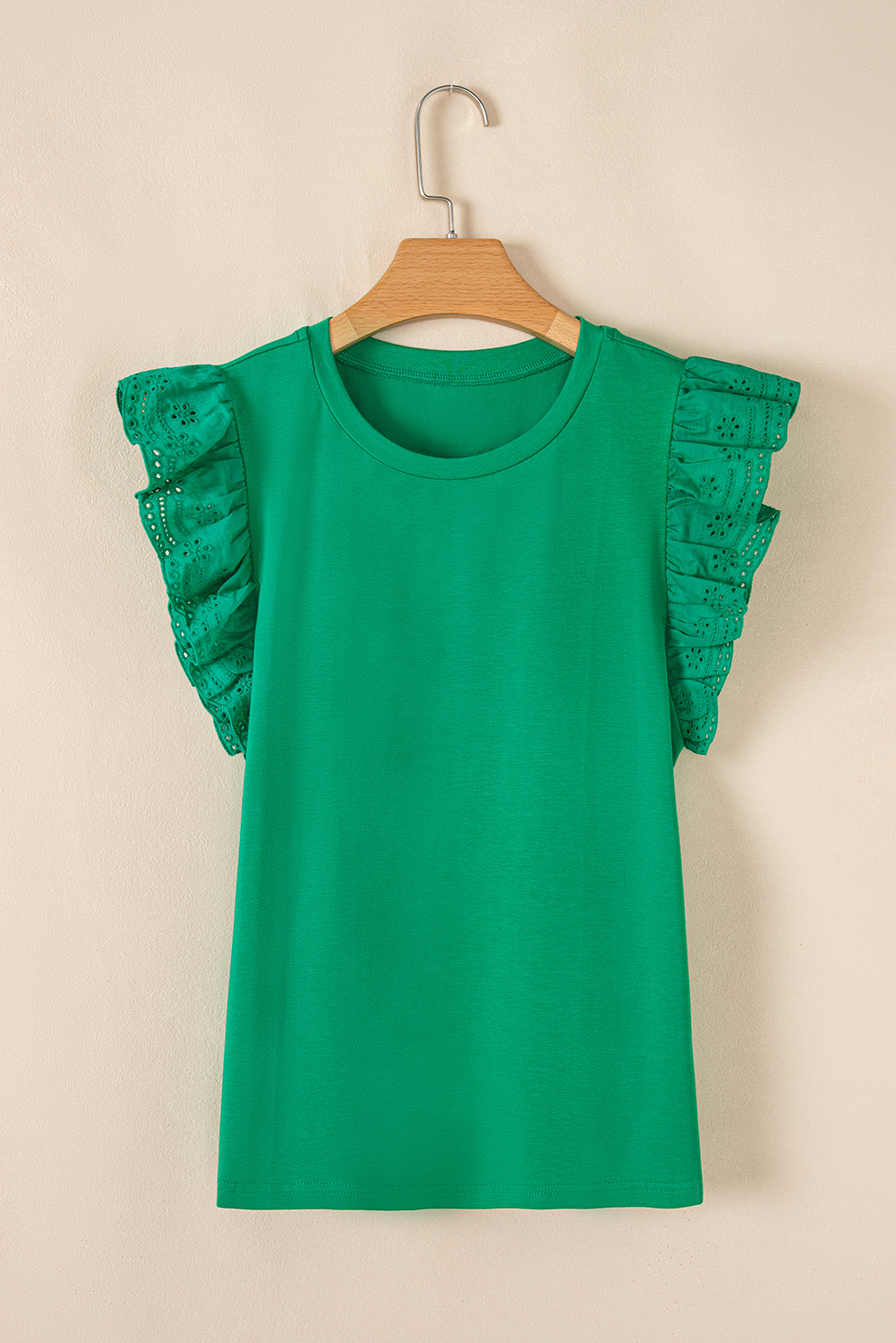 Dark Green Embroidered Ruffled Sleeve Slim Fit Crew Neck Top - loveforevers