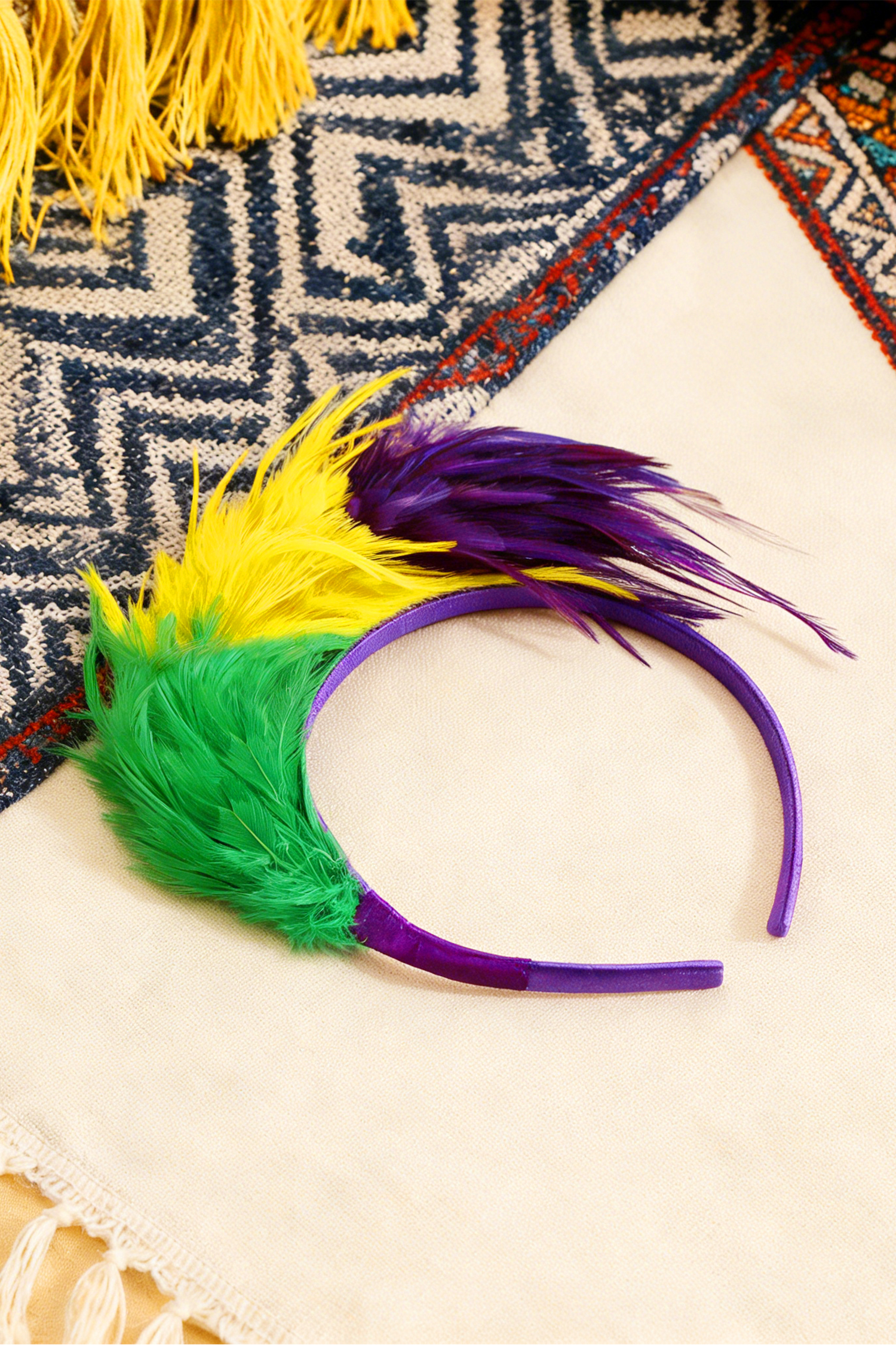 Tillandsia Purple Mardi Gras Tricolor Feather Plastic Headband - loveforevers