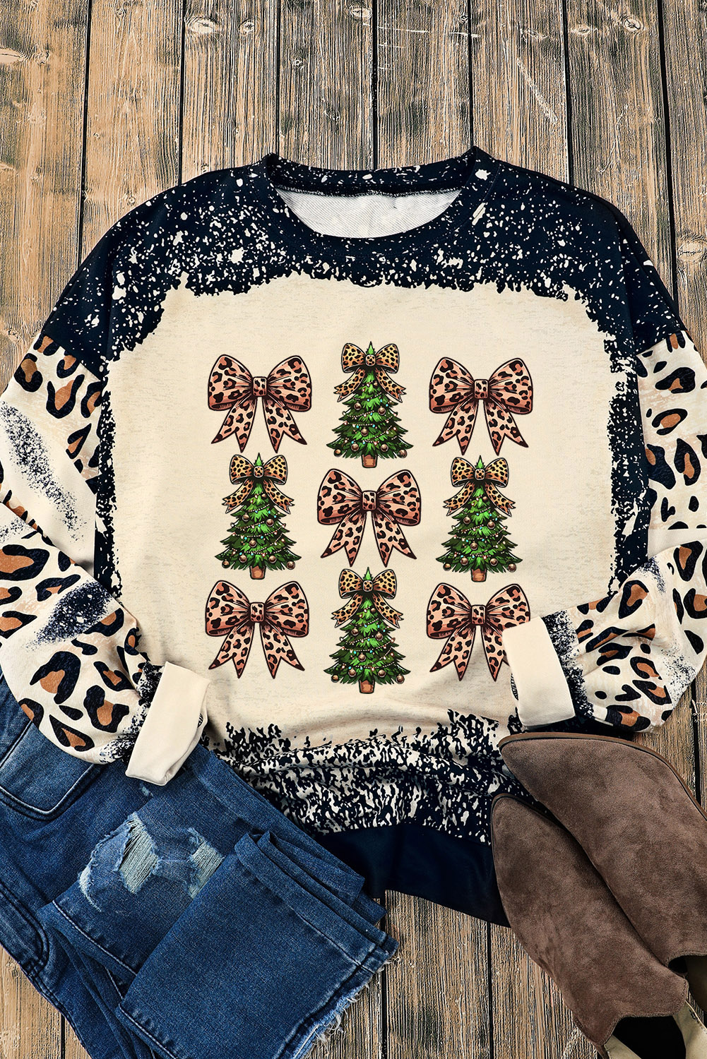 Black Leopard Bow Christmas Tree Printed Tie Dye Bleached Baggy Sweatshirt - loveforevers